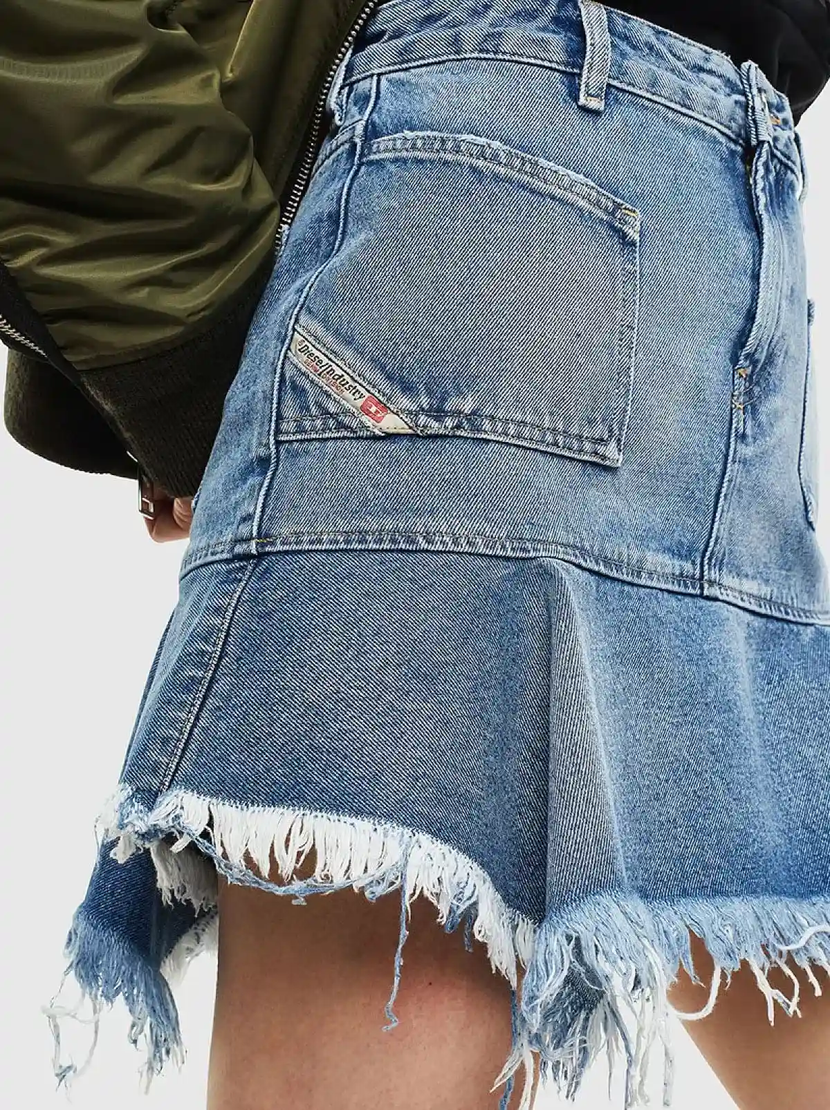 Blue Flounced denim skirt with frayed hem
