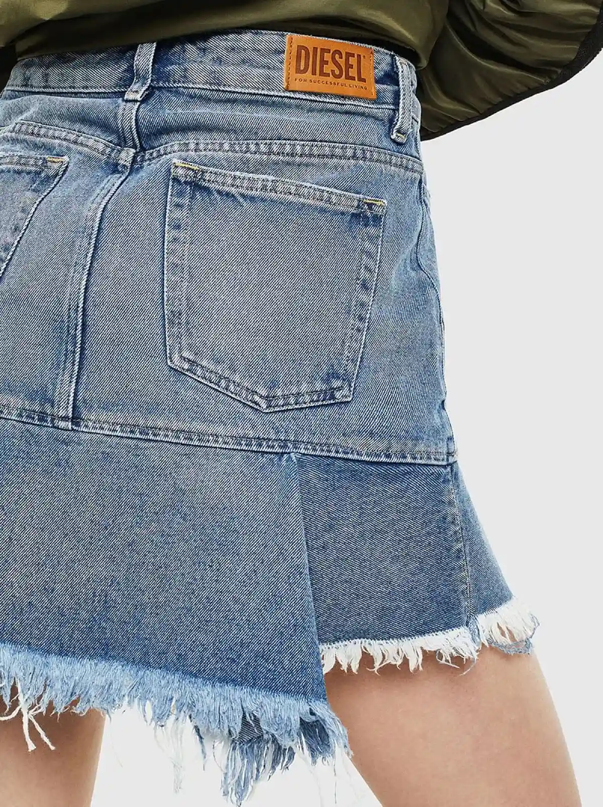 Blue Flounced denim skirt with frayed hem