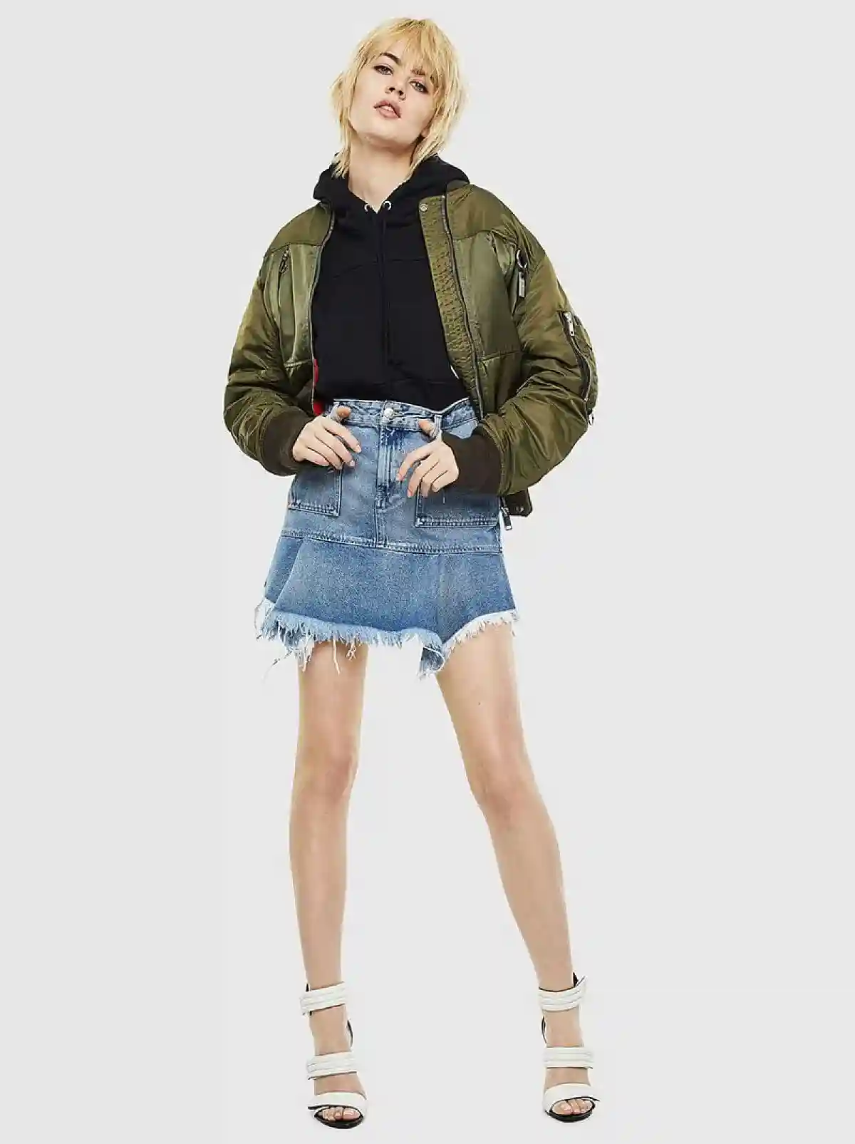 Blue Flounced denim skirt with frayed hem