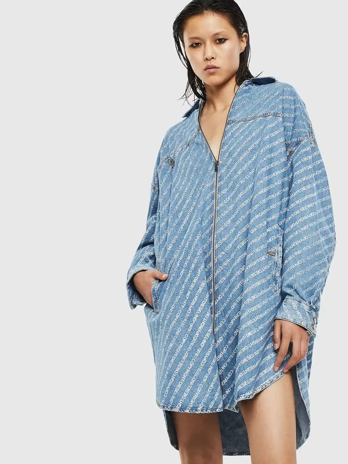 Blue Denim shirt dress with Copyright logo