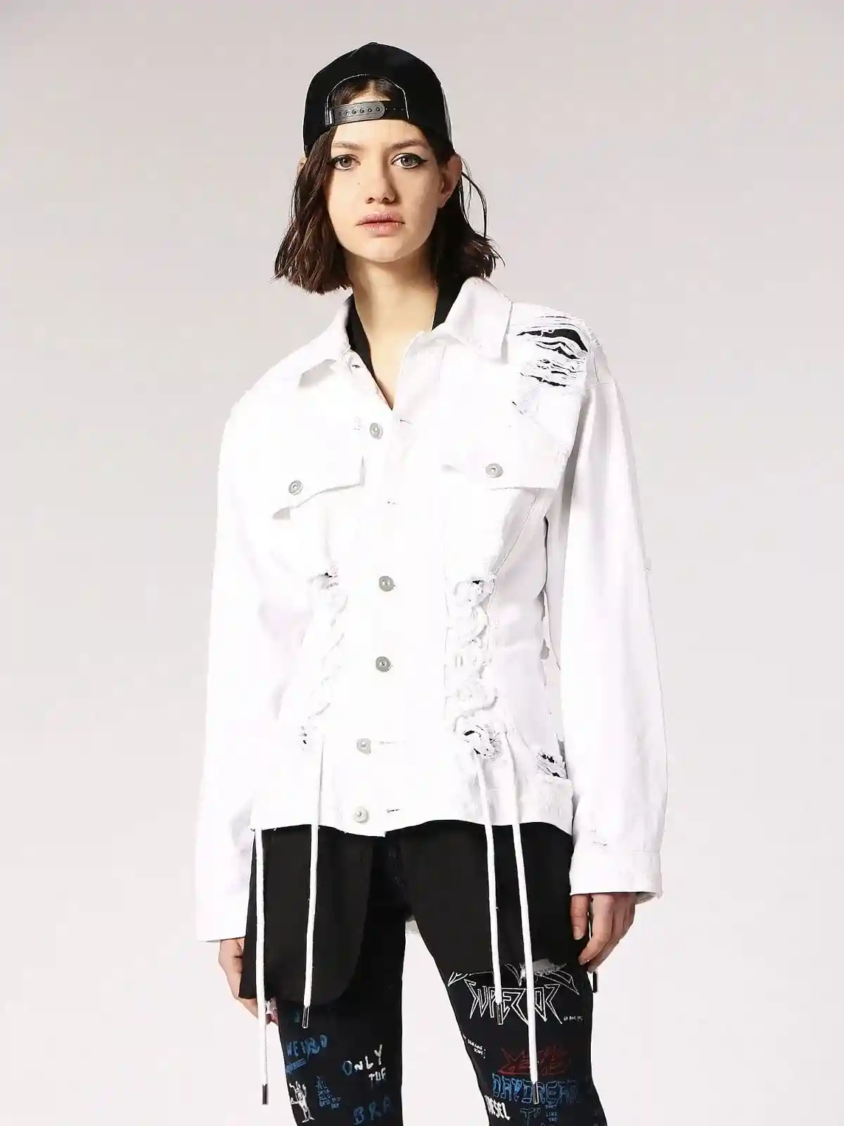 White Denim trucker with destroyed details