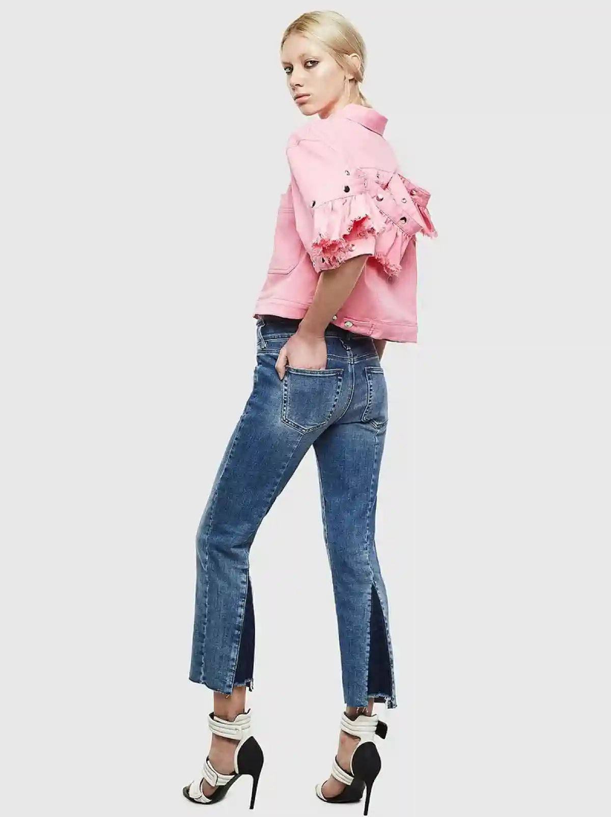 Pink JoggJeans jacket with modular ruffle
