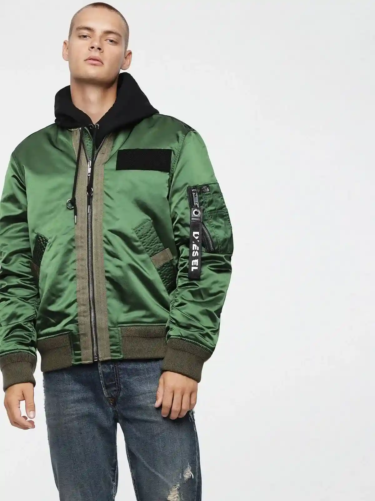Multicolor Shiny nylon bomber jacket with patches