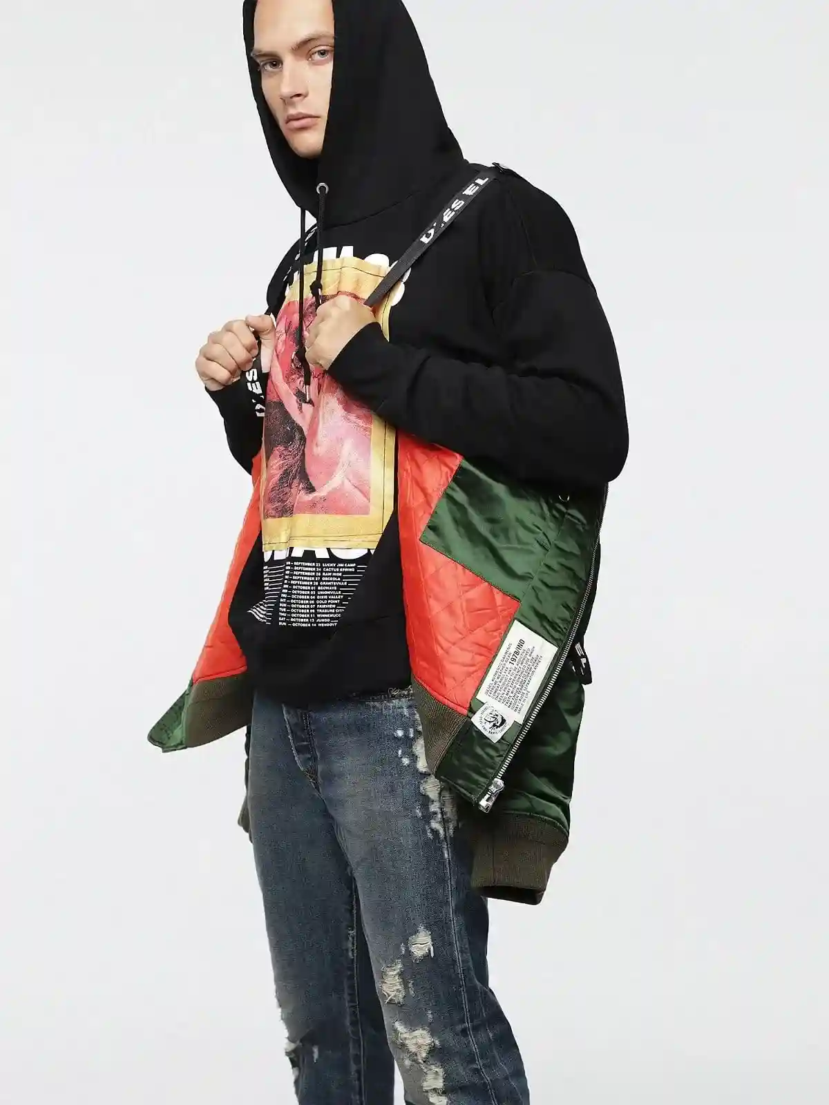 Multicolor Shiny nylon bomber jacket with patches