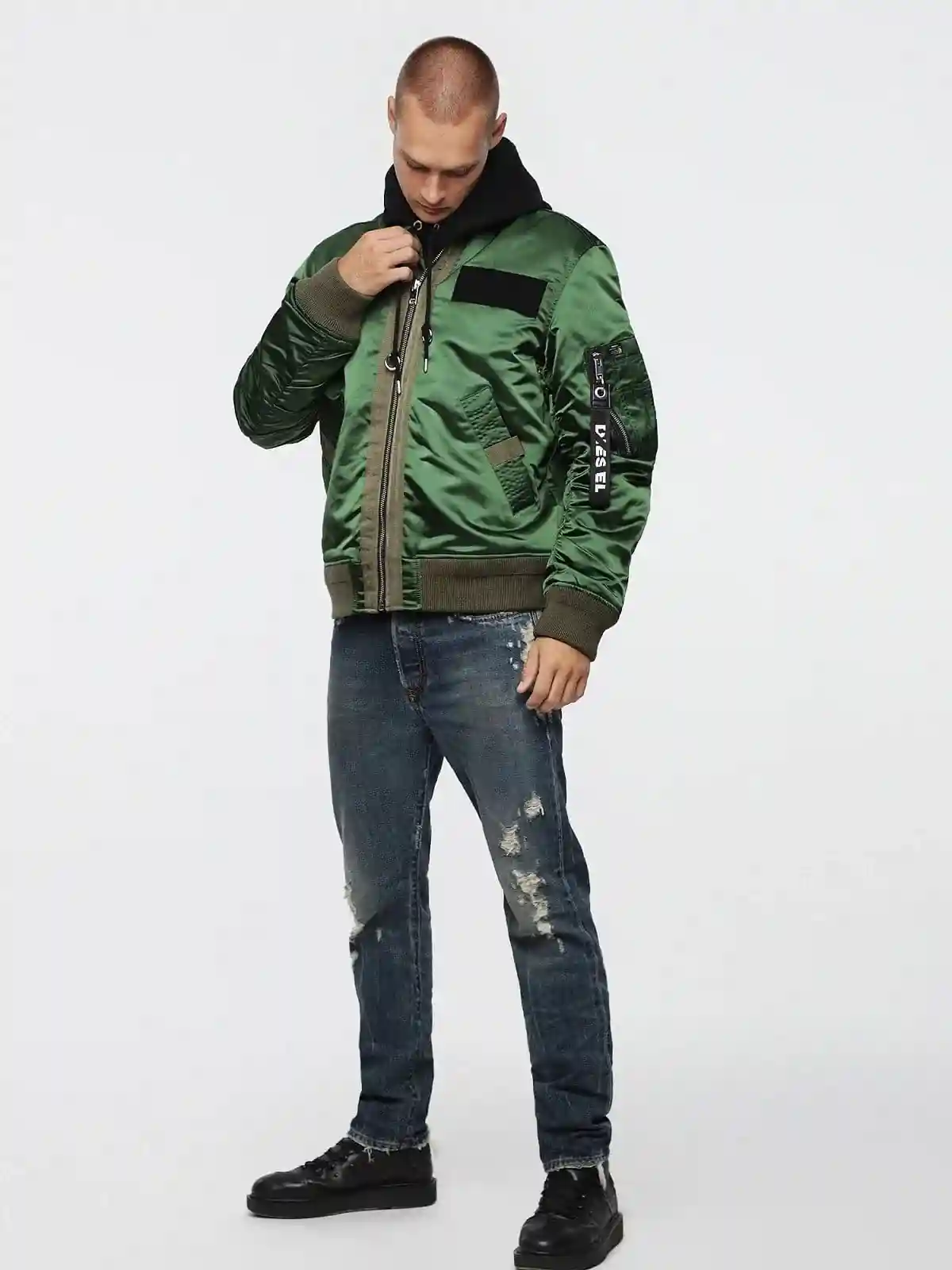 Multicolor Shiny nylon bomber jacket with patches