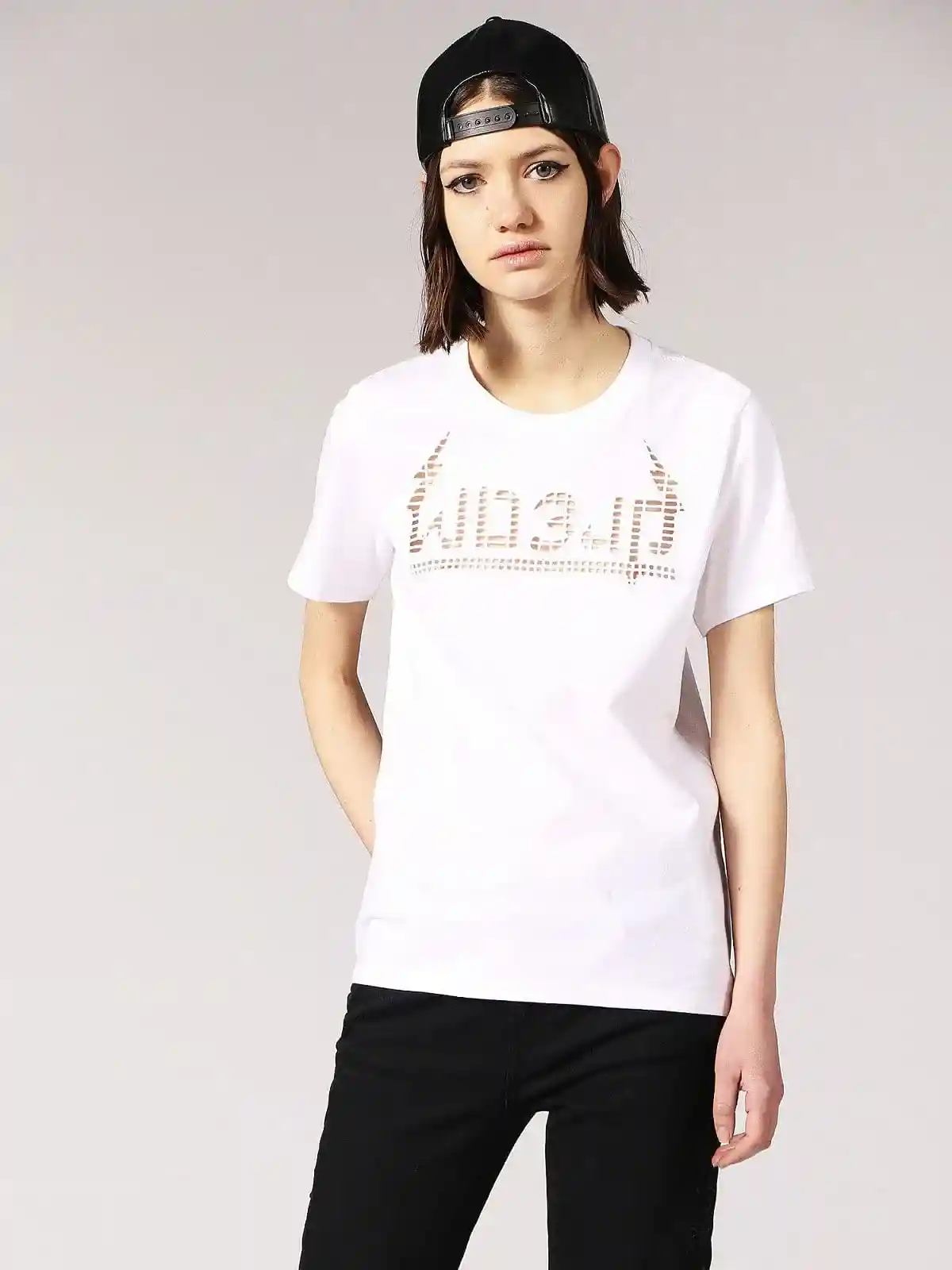 White Cotton T-Shirt with cut-out embroidery