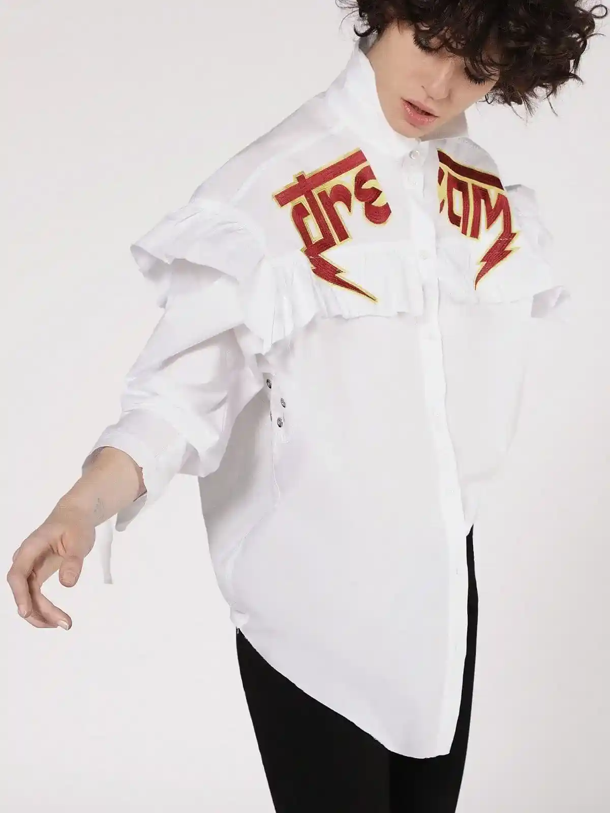 White Cotton shirt with embroidery and ruffles