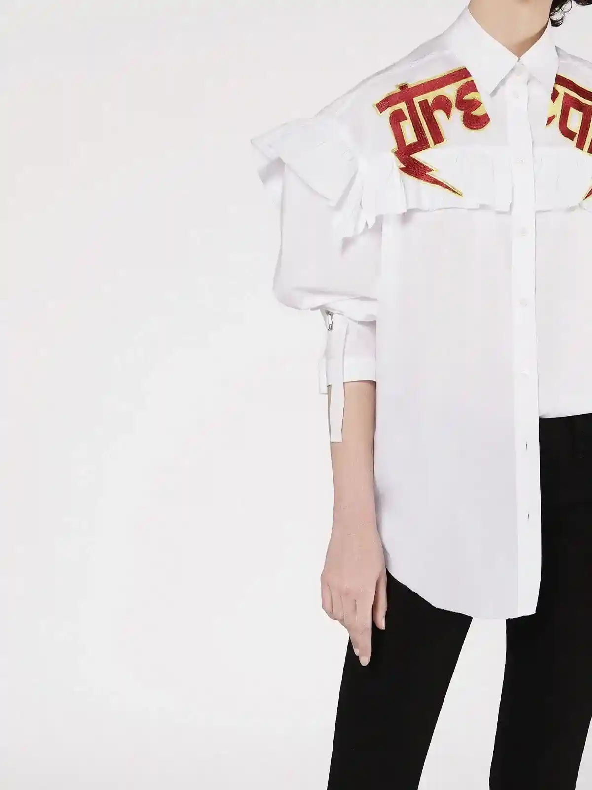 White Cotton shirt with embroidery and ruffles