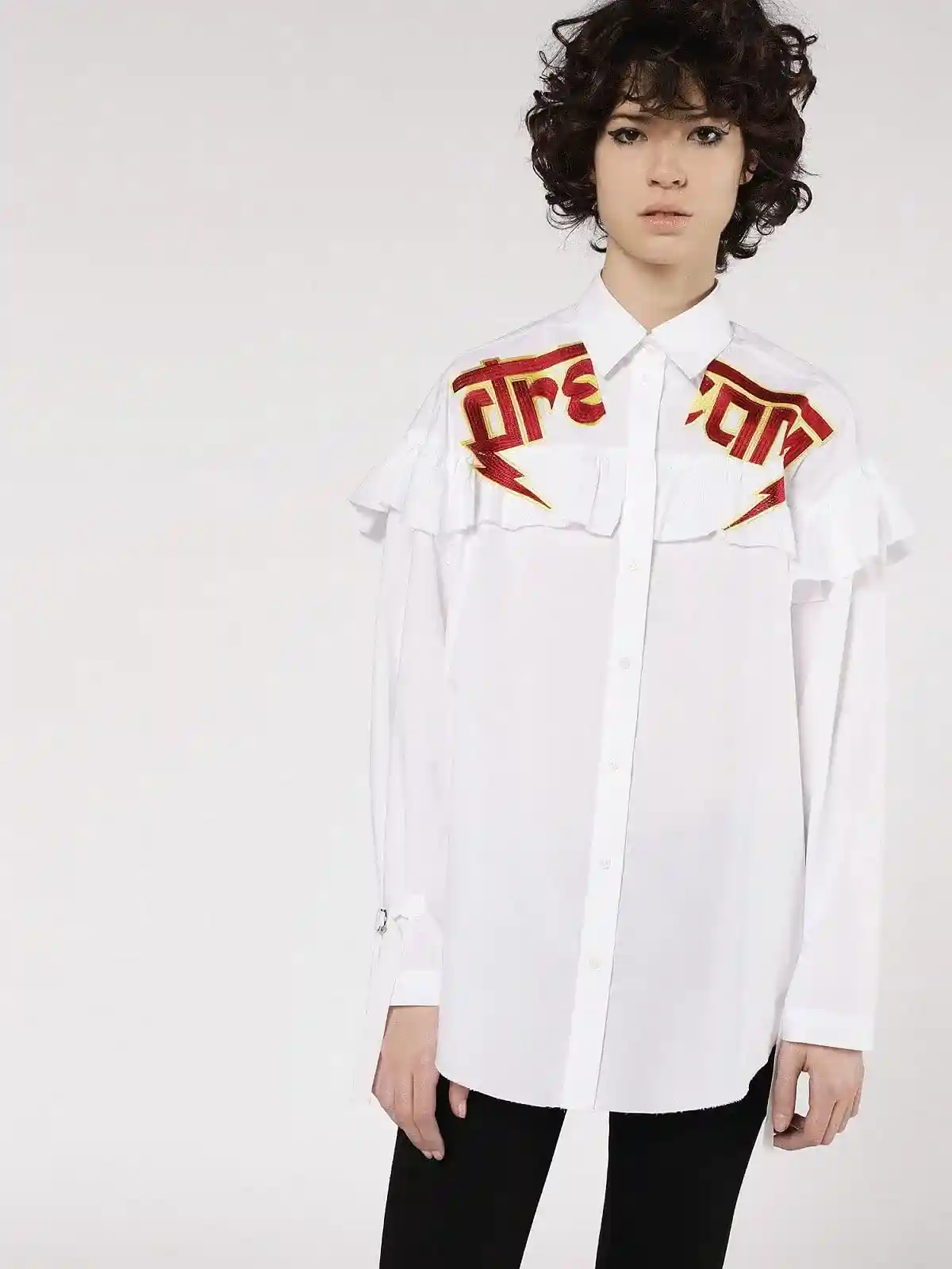 White Cotton shirt with embroidery and ruffles