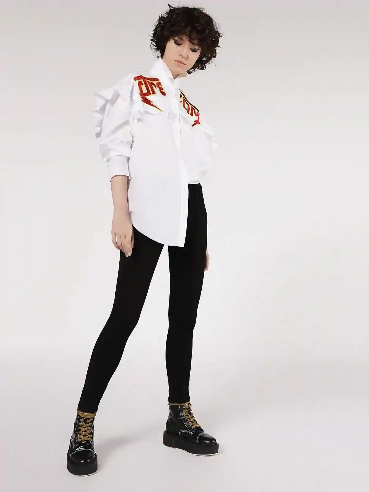 White Cotton shirt with embroidery and ruffles