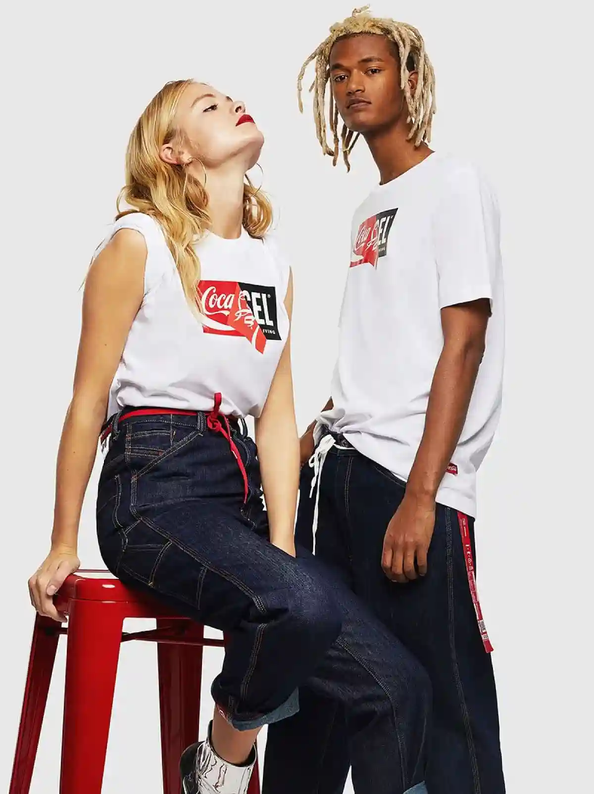 White Recycled fabric T-Shirt with doublelogo print