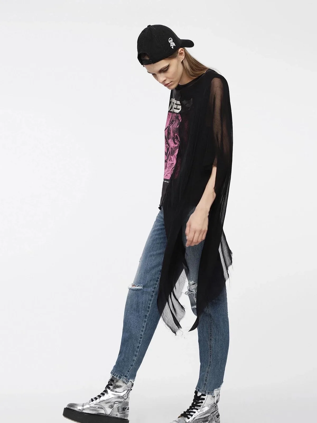 Black Top with graphic and georgette insert