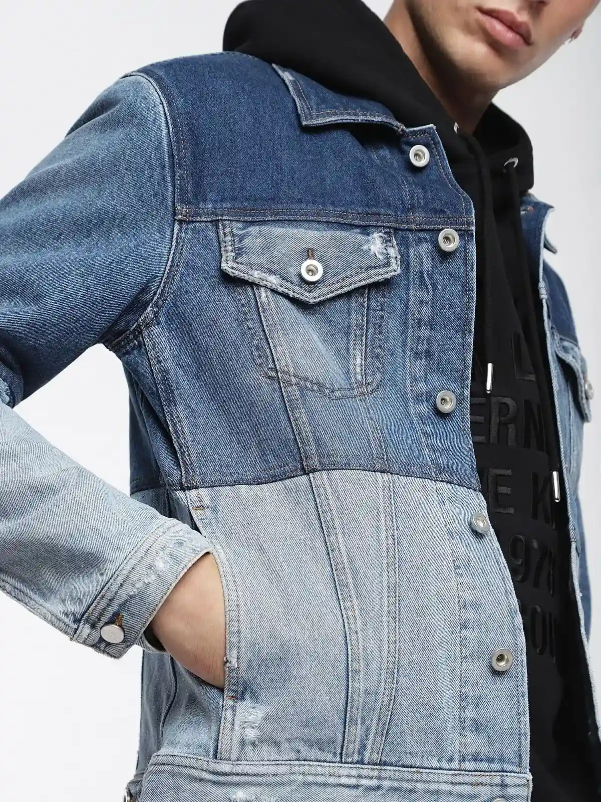 Blue Denim trucker jacket with colour-block