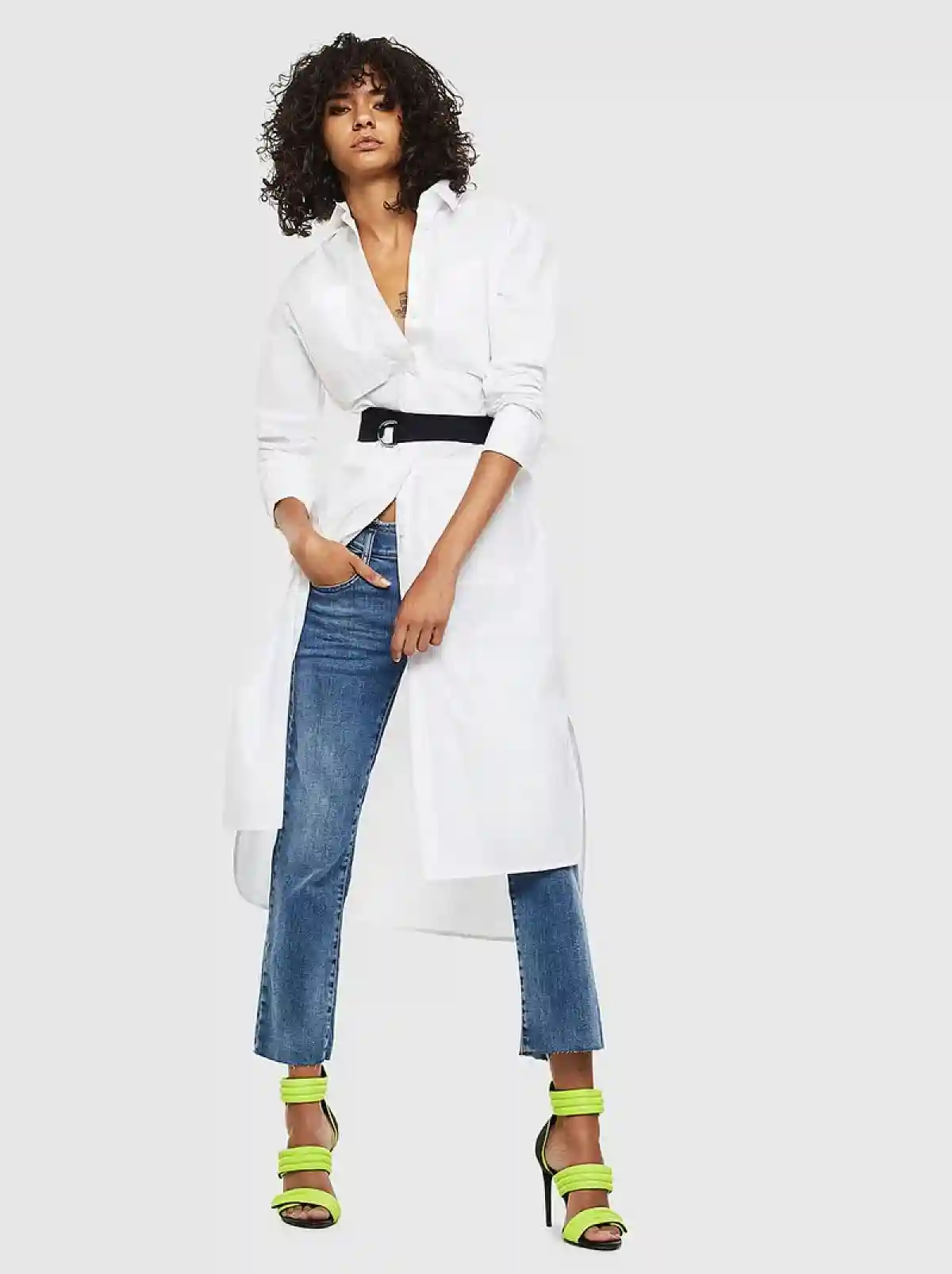 White Long shirt dress with D-ring belt