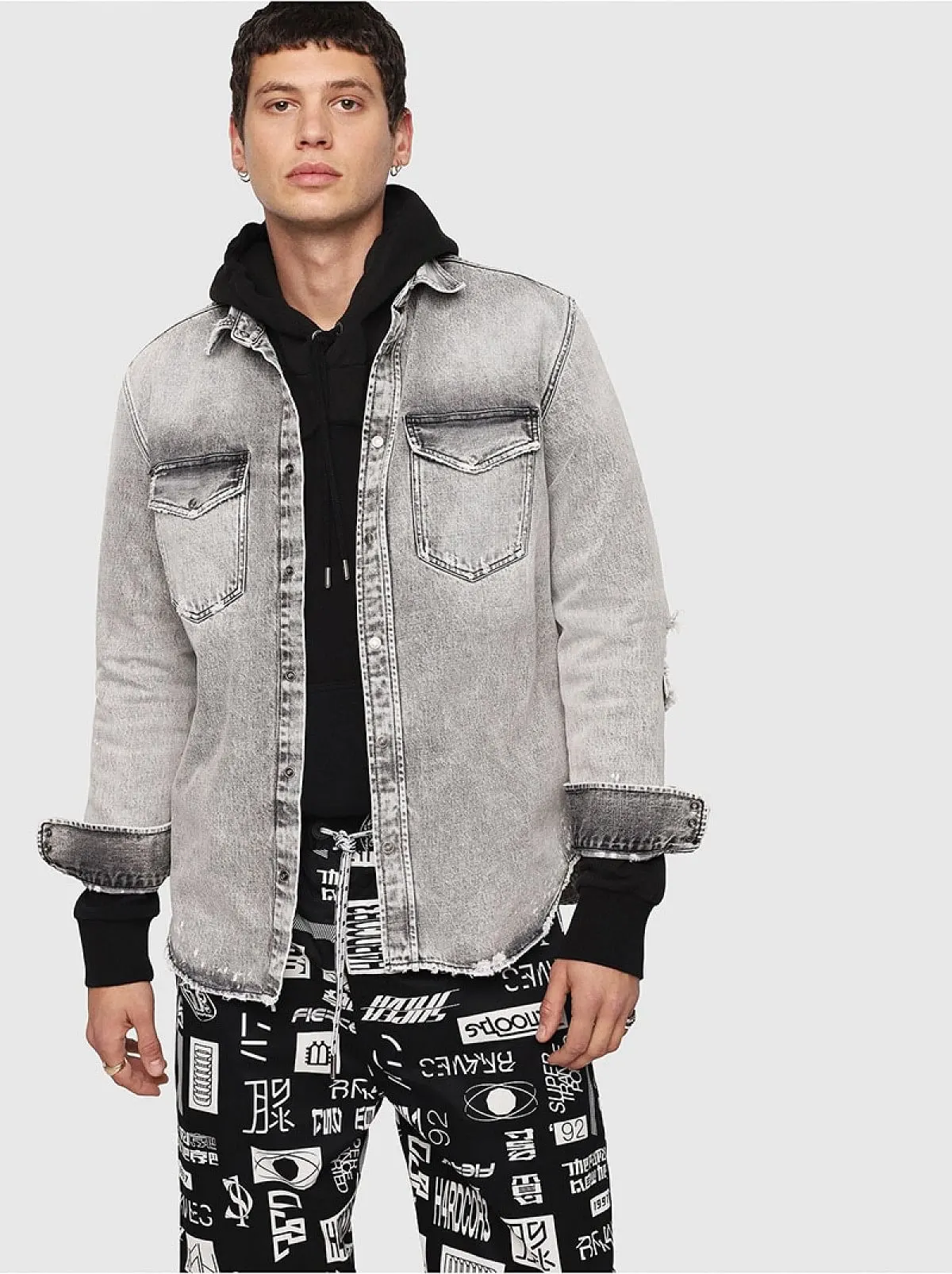 Black Destroyed western-style denim shirt