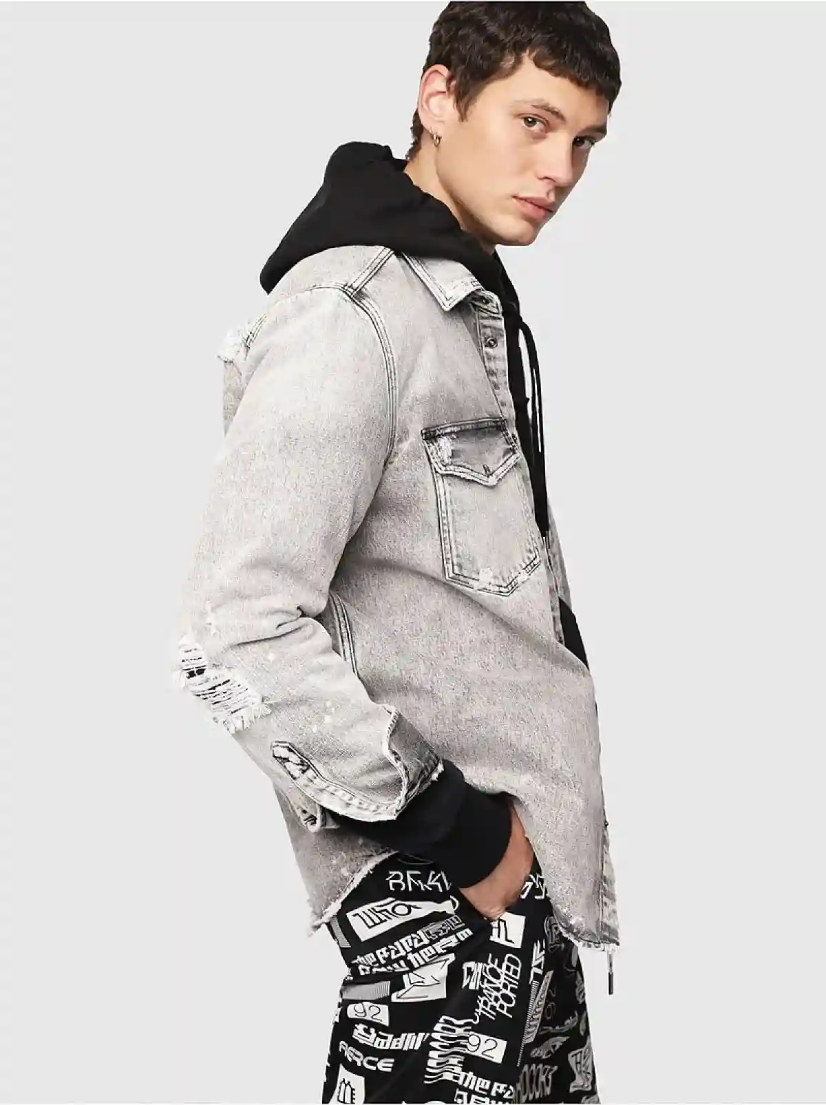 Black Destroyed western-style denim shirt