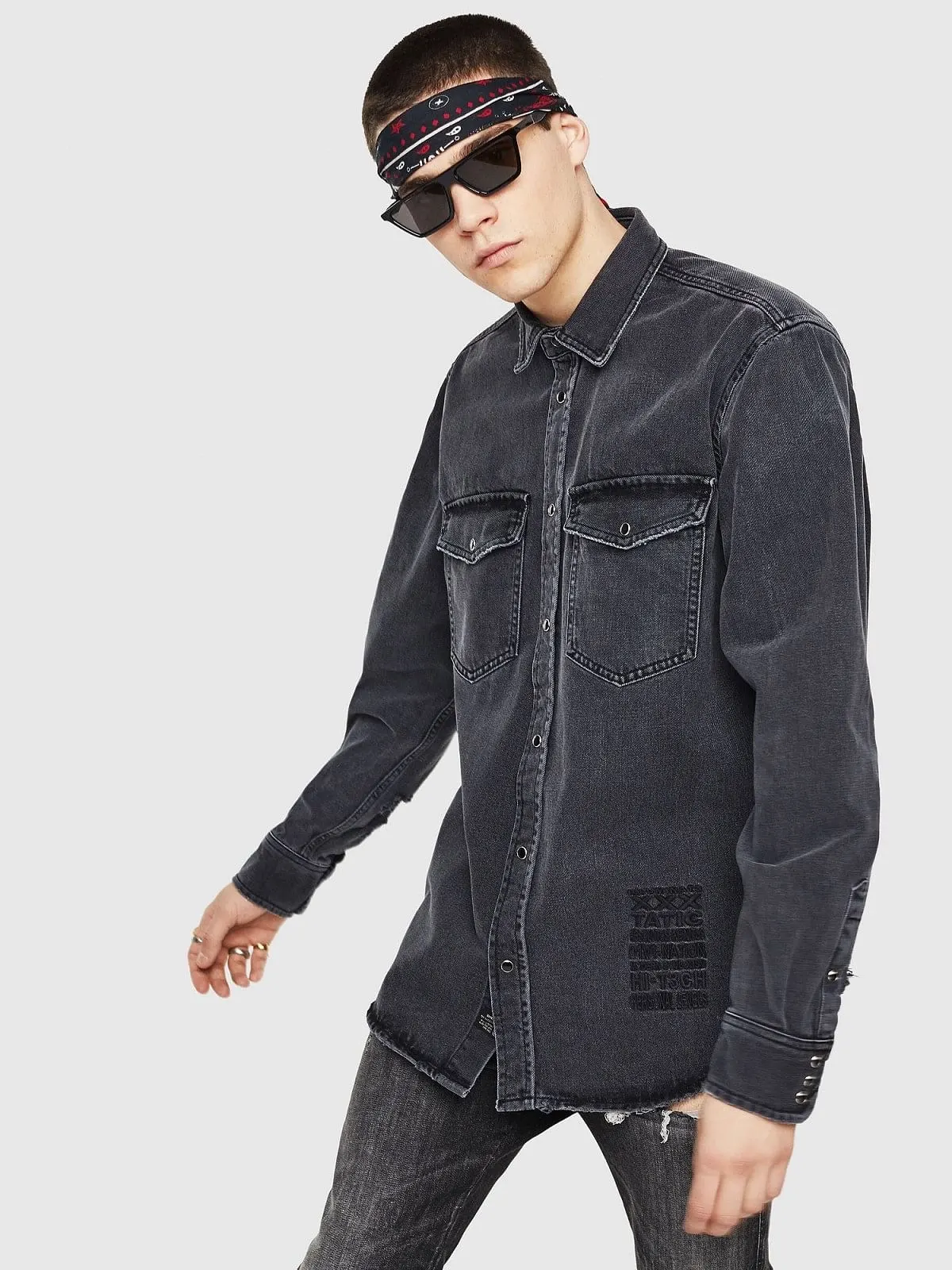 Black Western shirt in destroyed denim