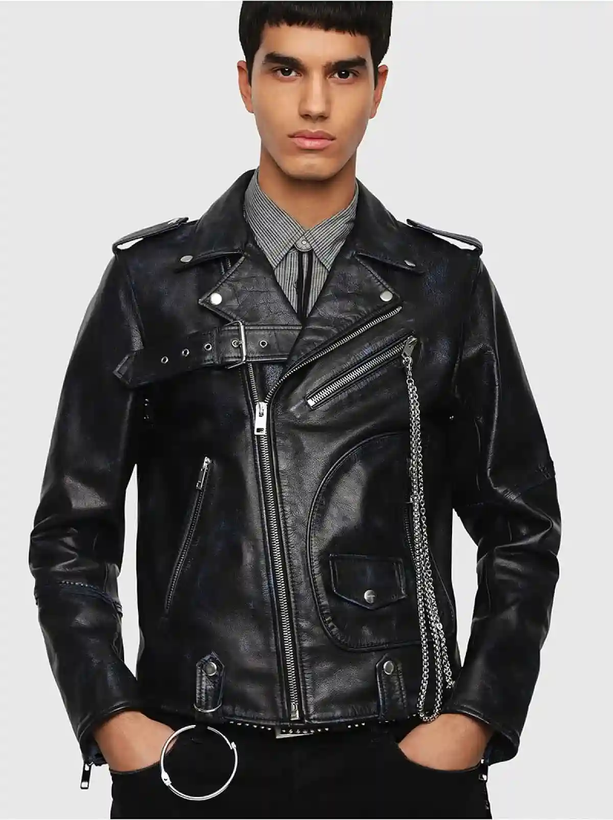 Black Buffalo leather biker jacket with belt