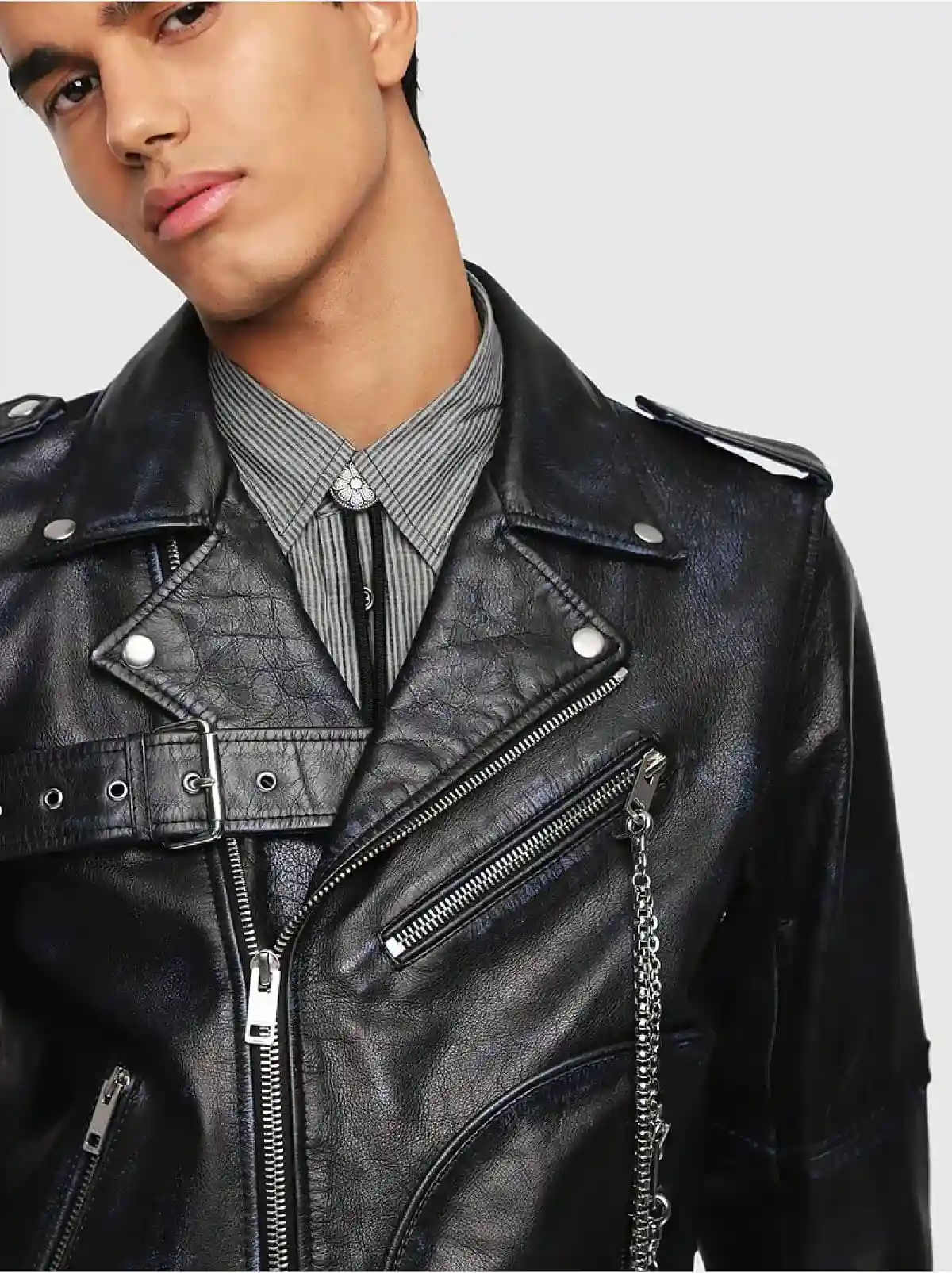 Black Buffalo leather biker jacket with belt