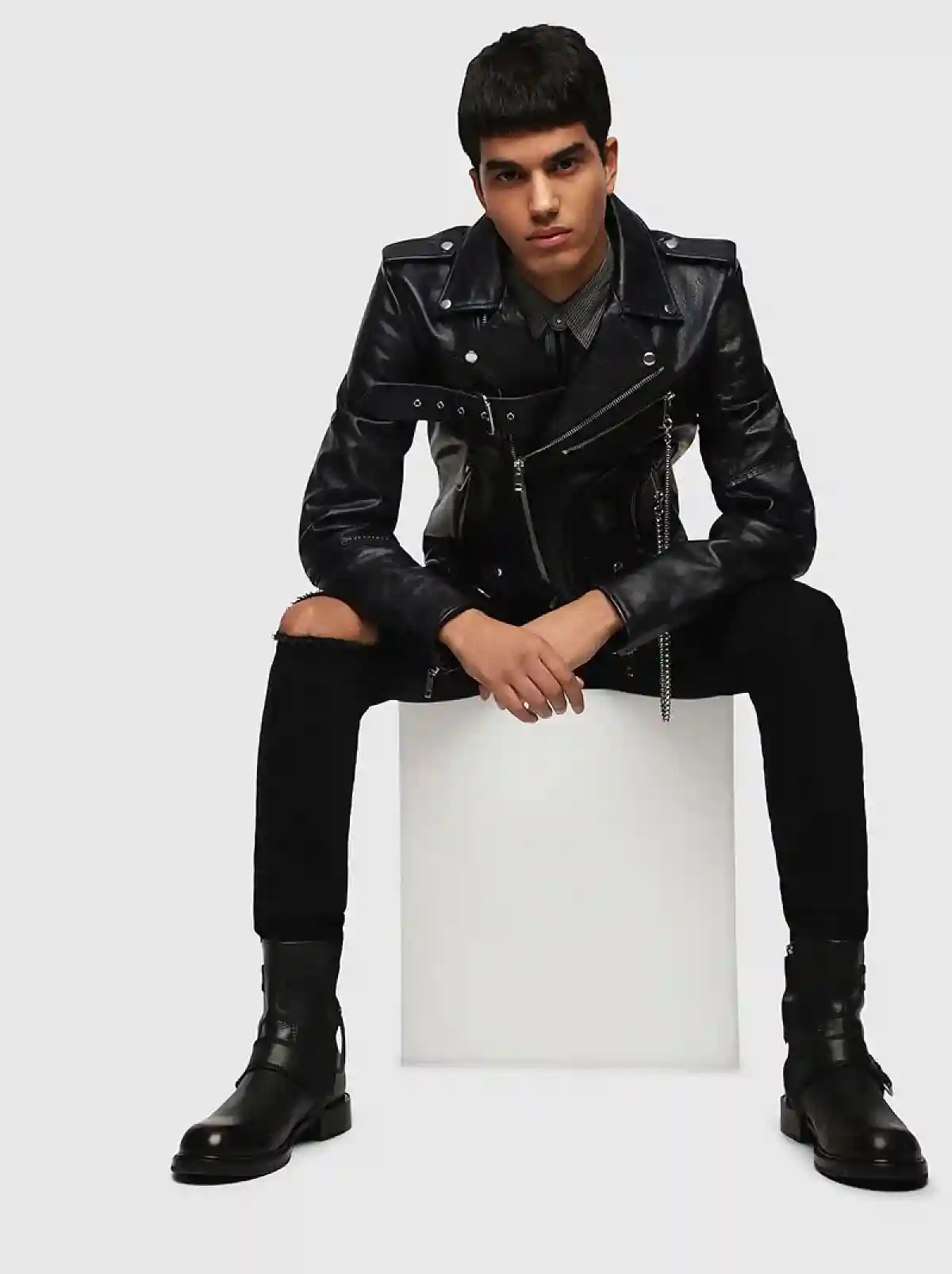 Black Buffalo leather biker jacket with belt