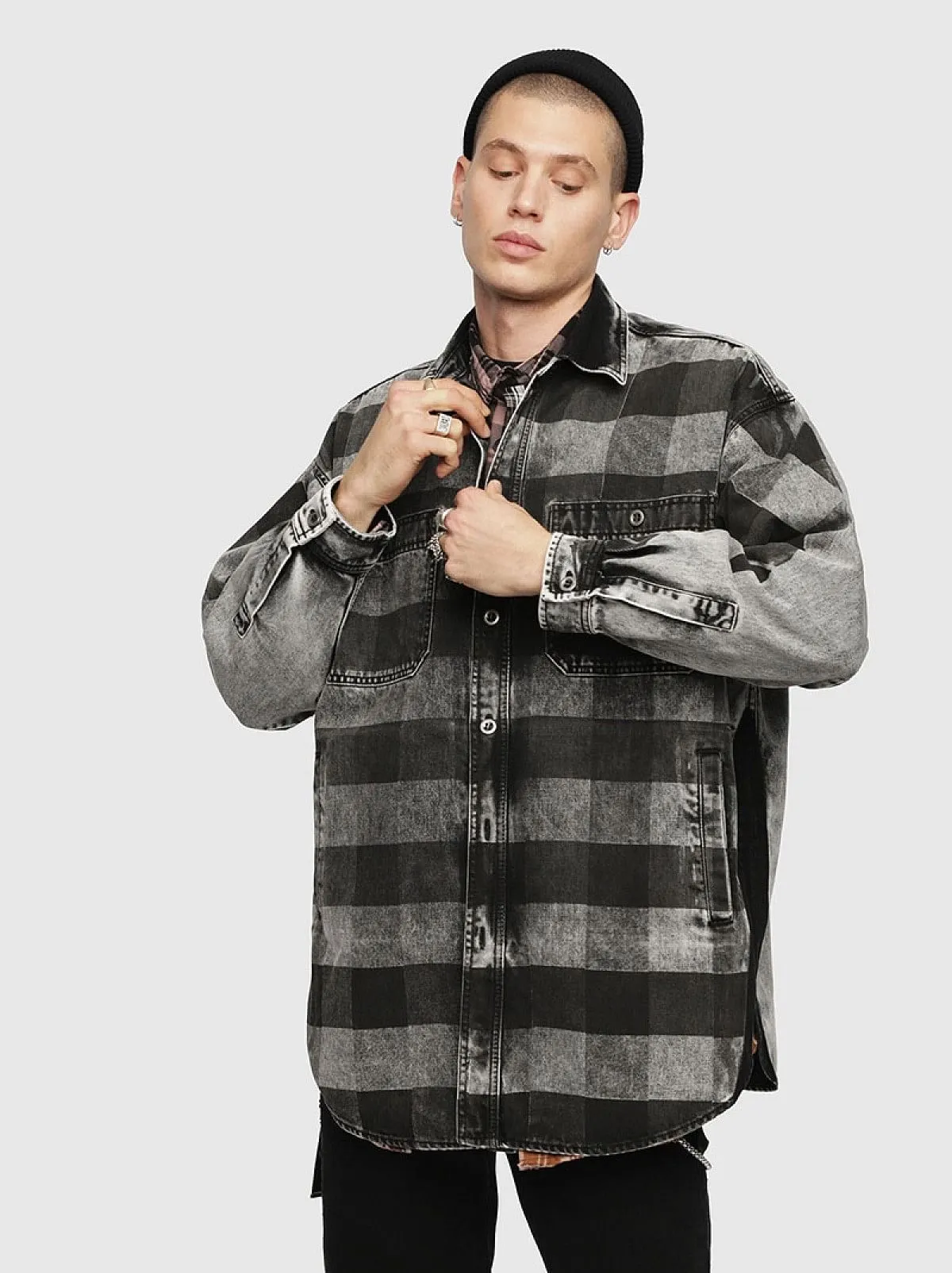 Black Long denim overshirt with check print