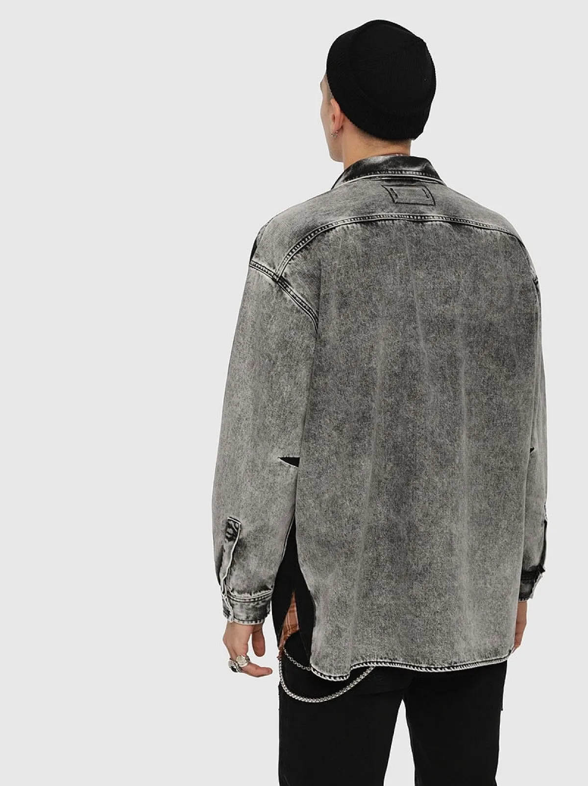 Black Long denim overshirt with check print