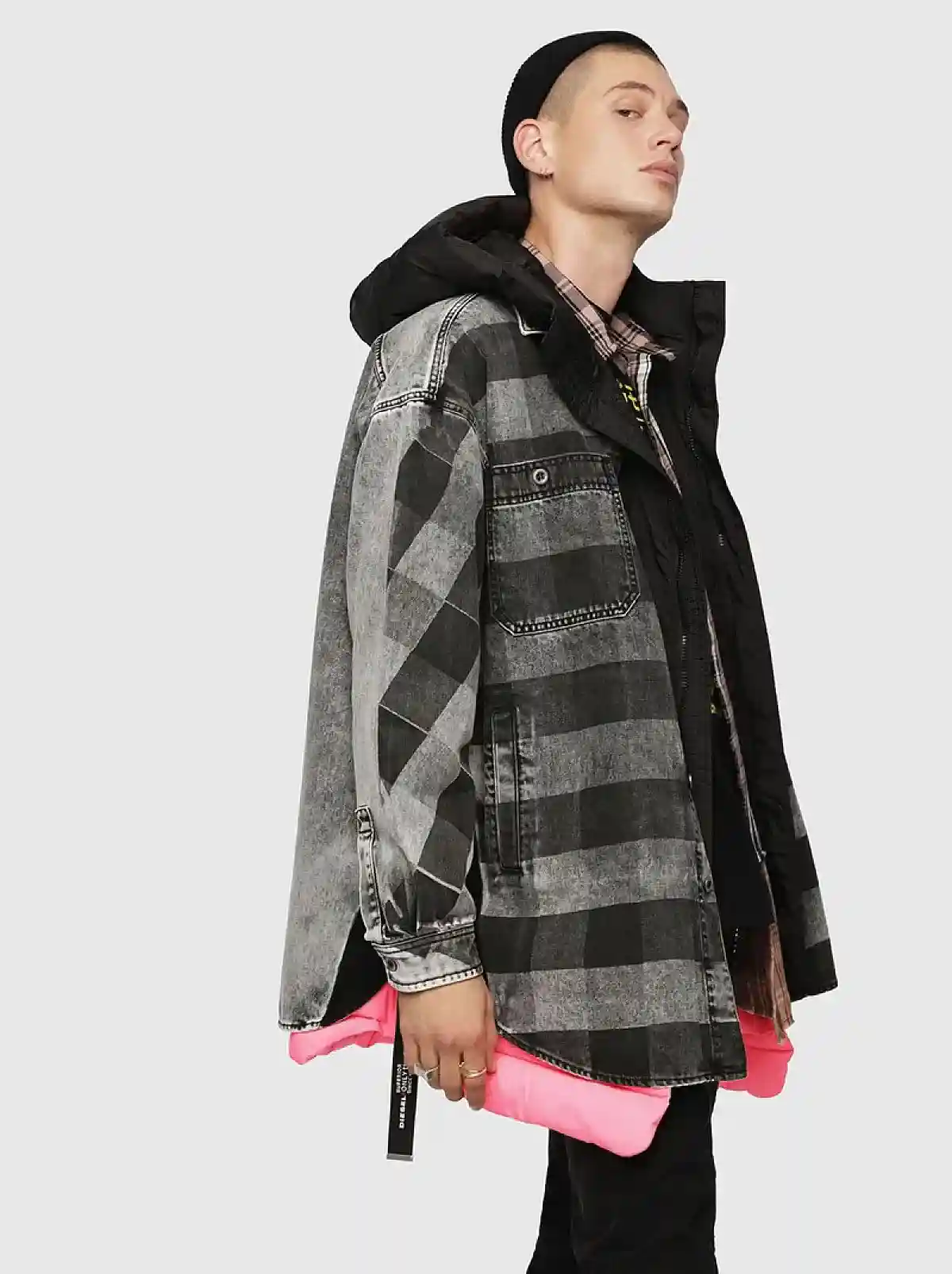 Black Long denim overshirt with check print