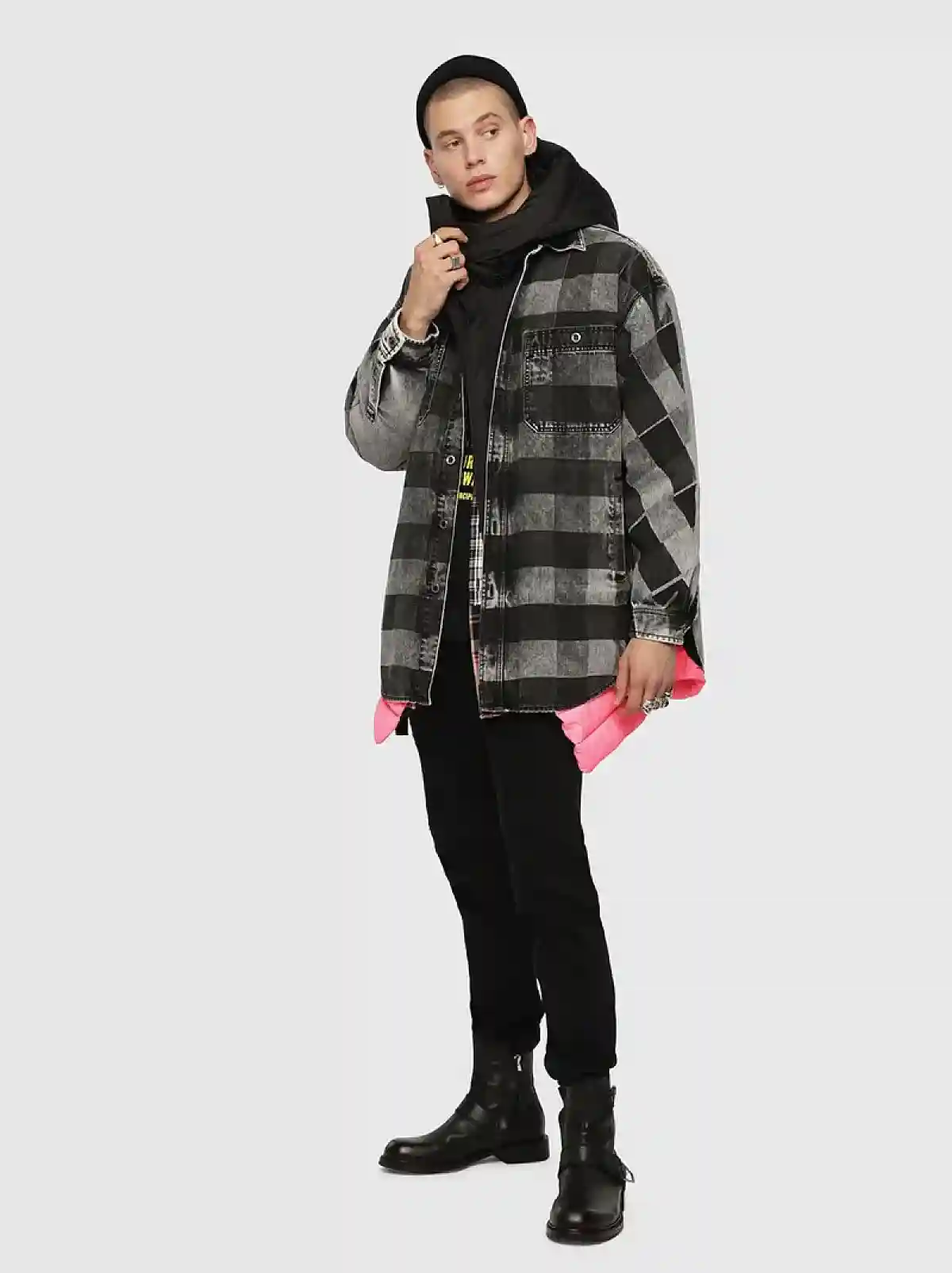 Black Long denim overshirt with check print
