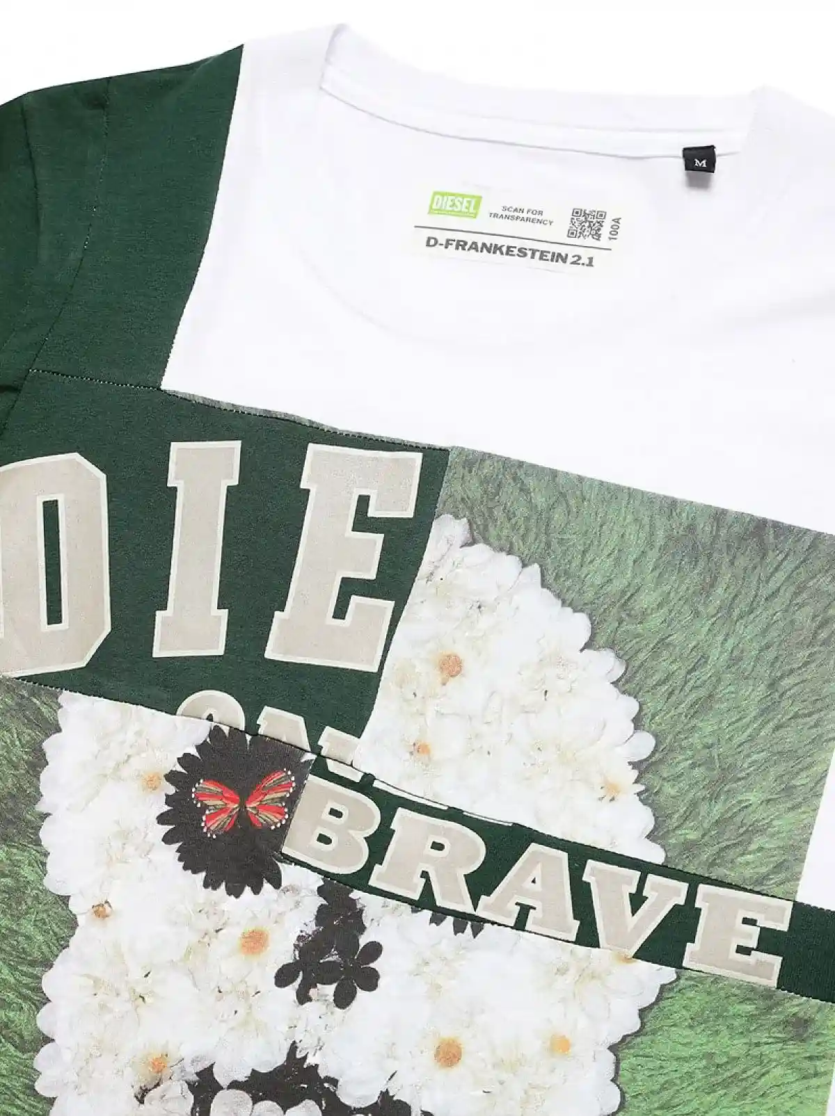 White Upcycled T-shirt with graphic patchwork