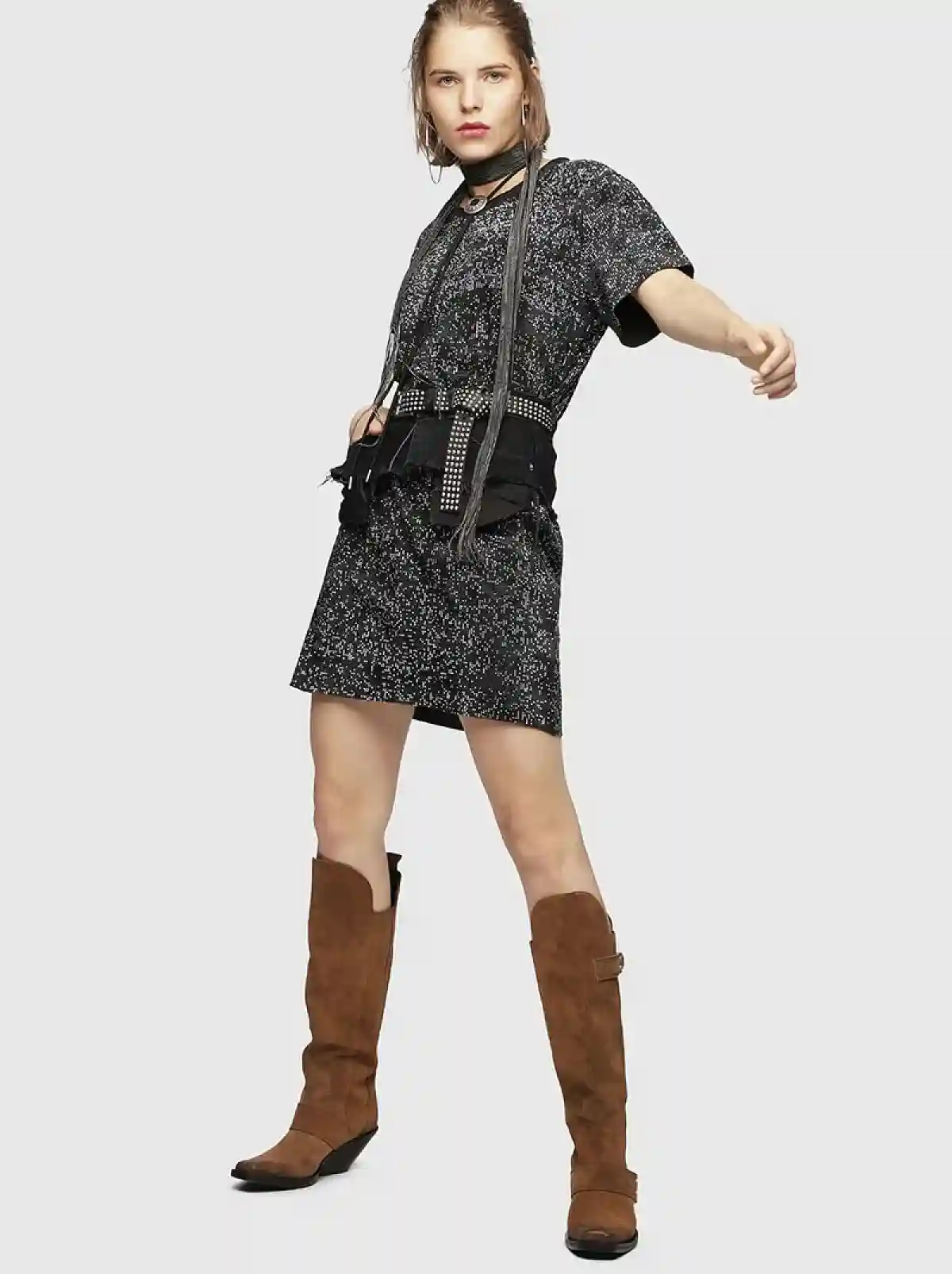 Grey All-over stud T-Shirt dress