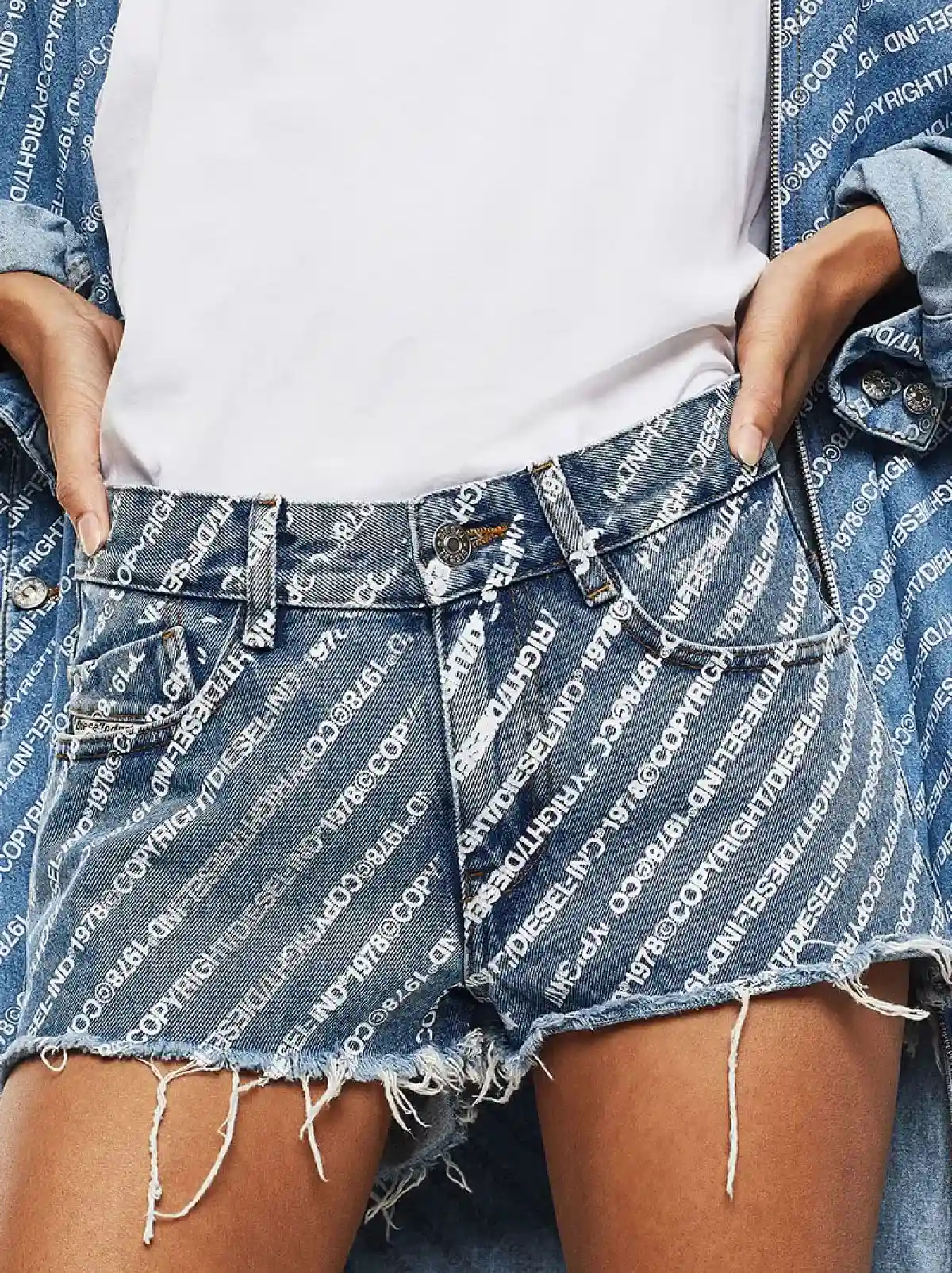 Blue Denim shorts with Copyright print