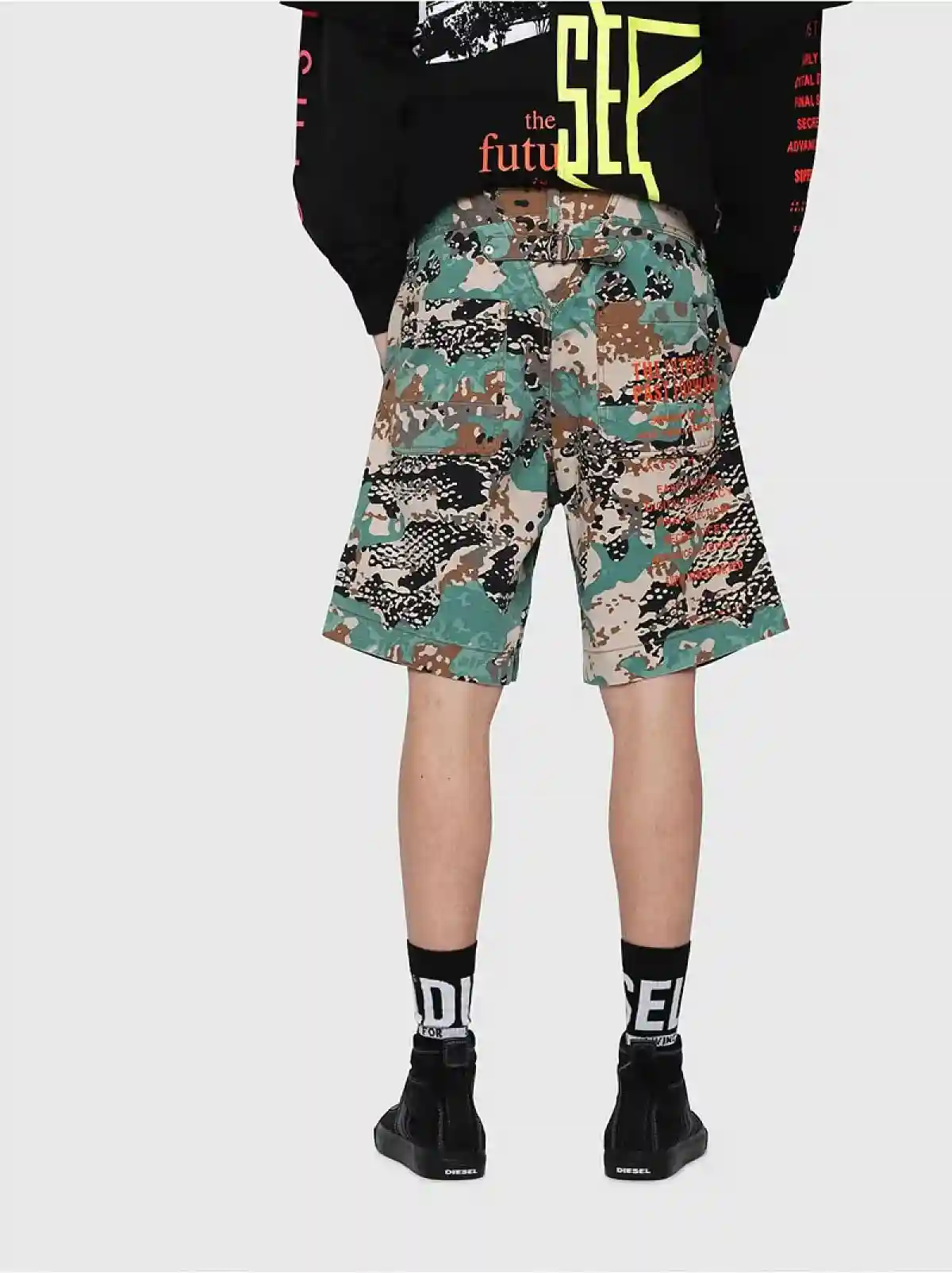 Green Cargo shorts with camo print