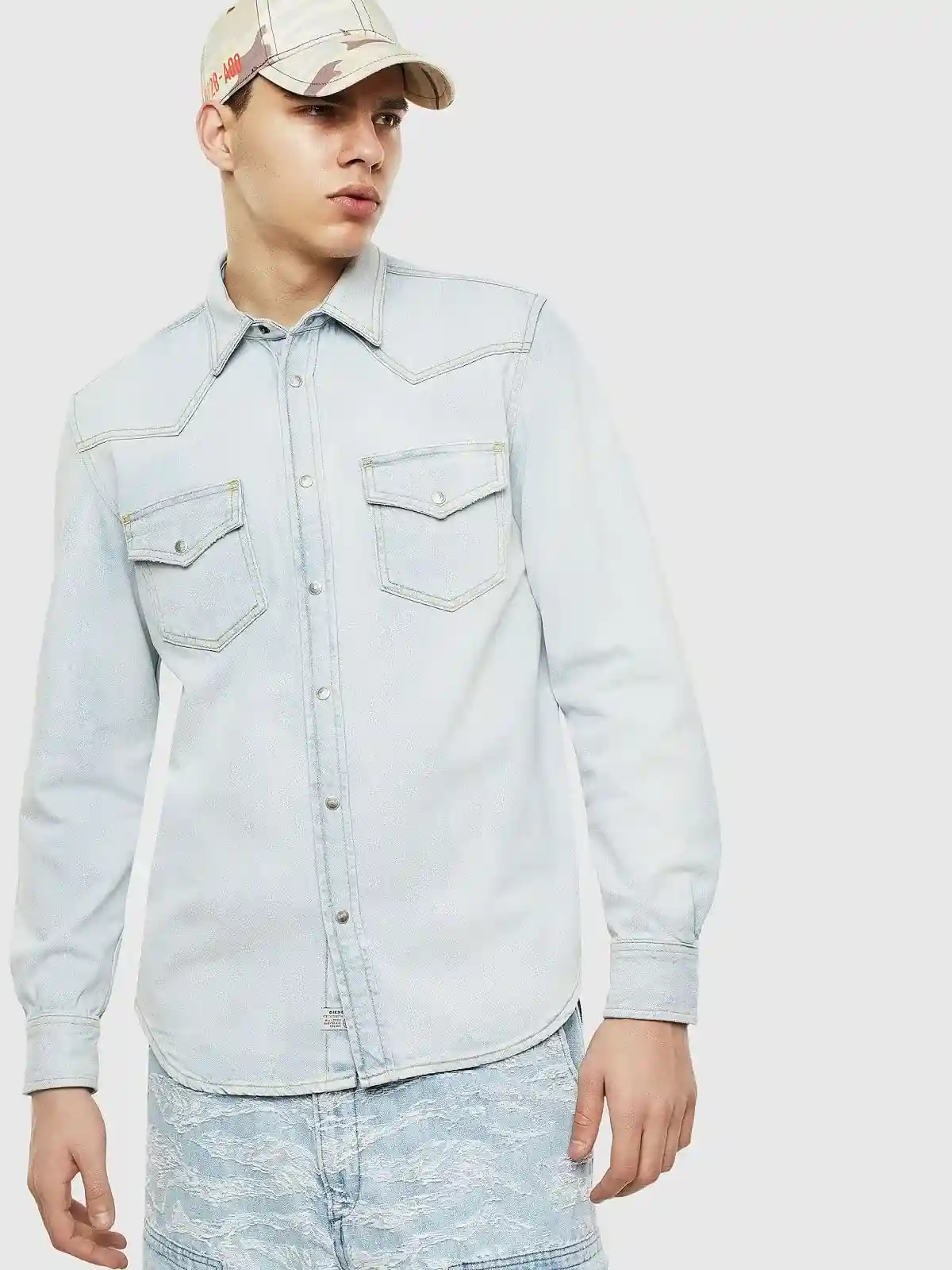 Blue Bleached western-style denim shirt