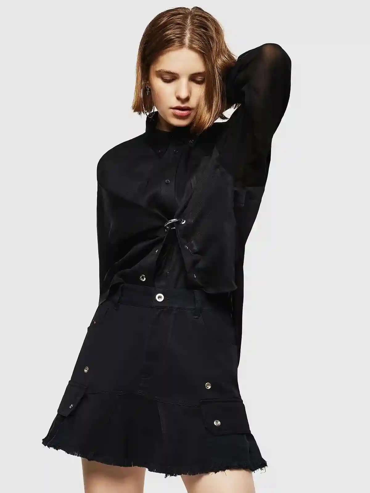 Black Flared mini skirt in mixed fabrics