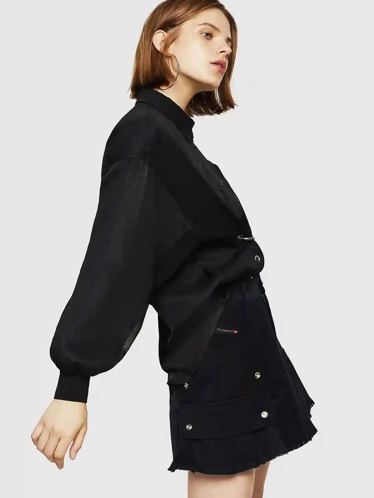 Black Flared mini skirt in mixed fabrics