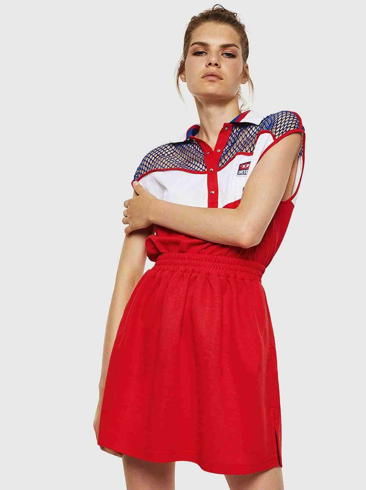 Red Polo-neck dress with mesh panels