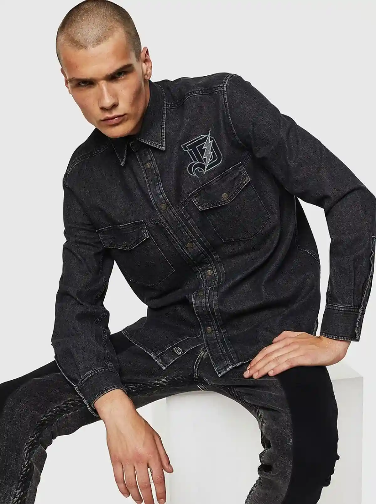 Black Faded denim shirt with D embroidery