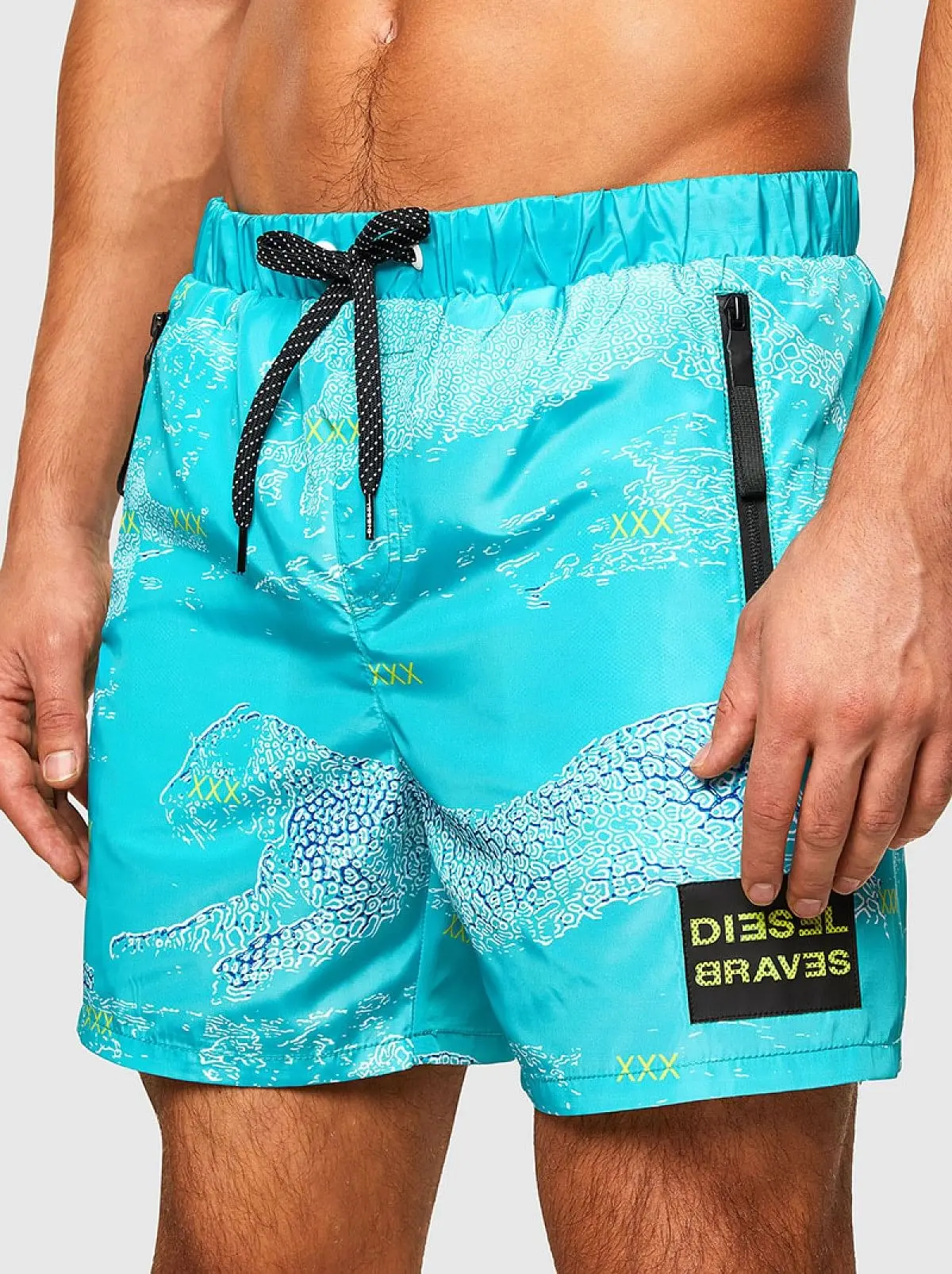 Blue Mid-length swim shorts with cat print