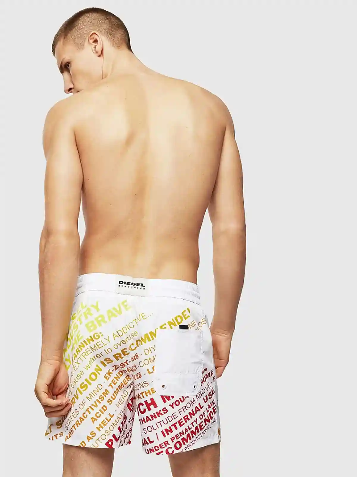 White Mid-length swim shorts with lettering