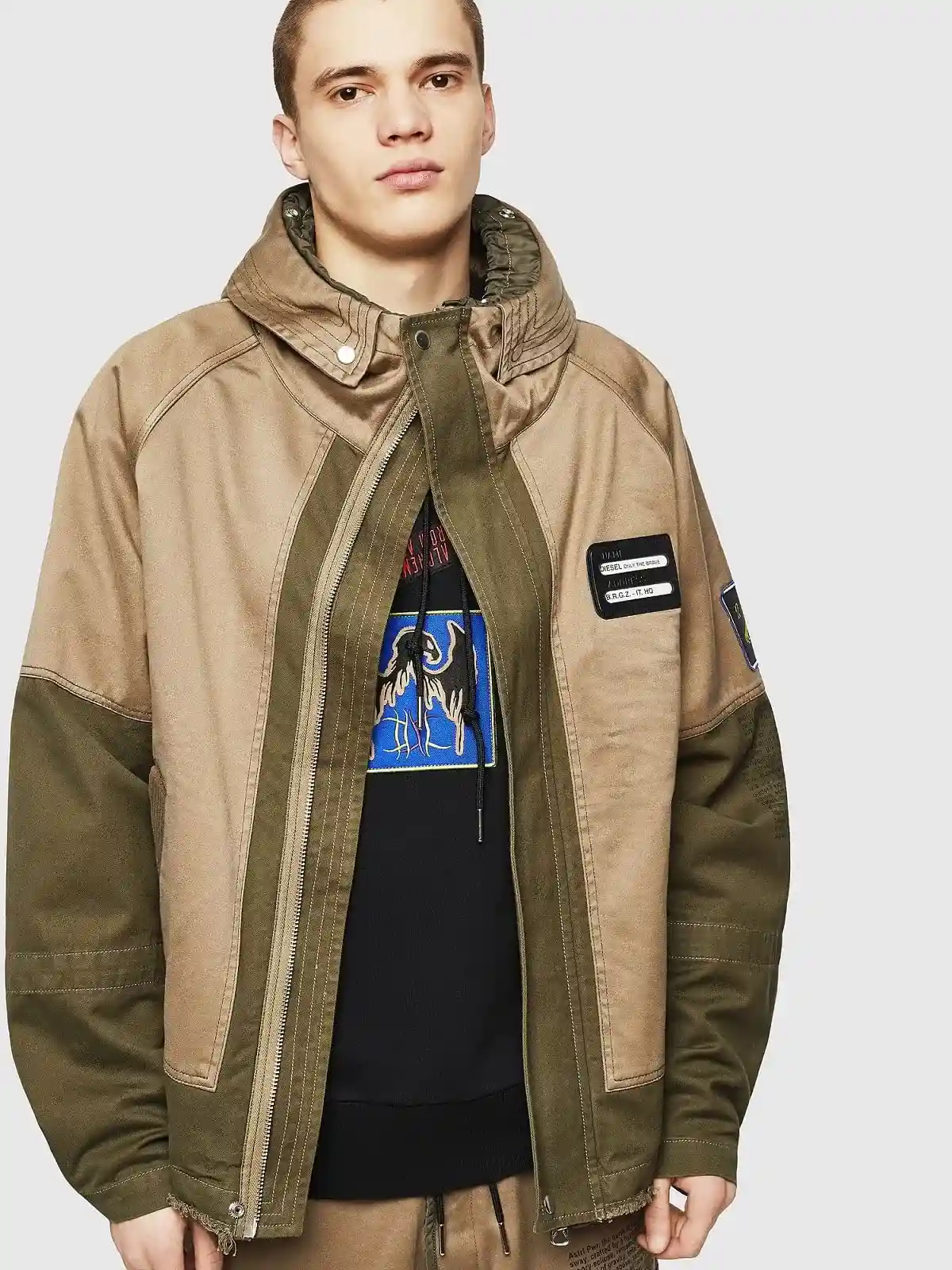 Blue Short hooded parka in mixed fabrics