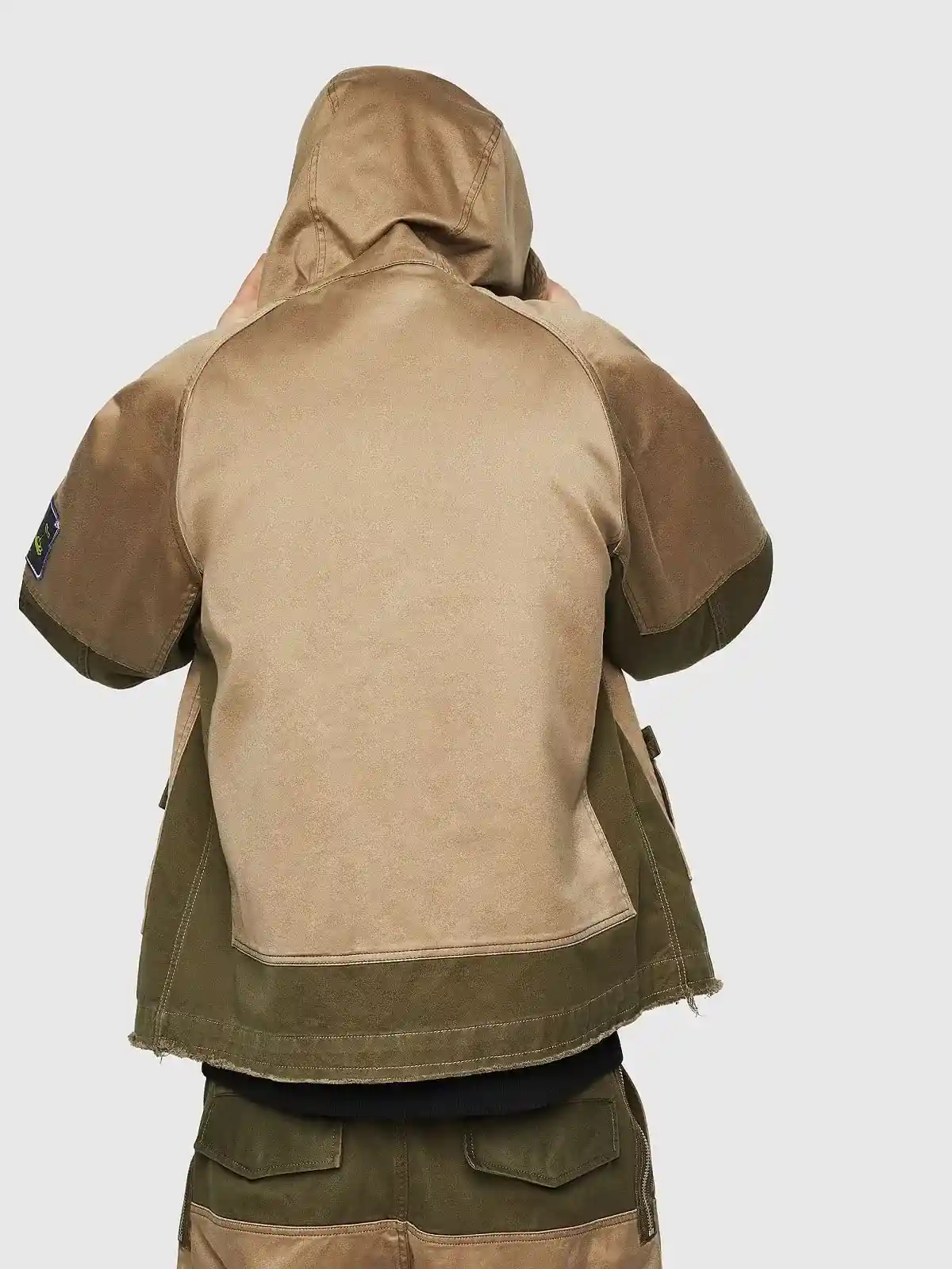 Blue Short hooded parka in mixed fabrics