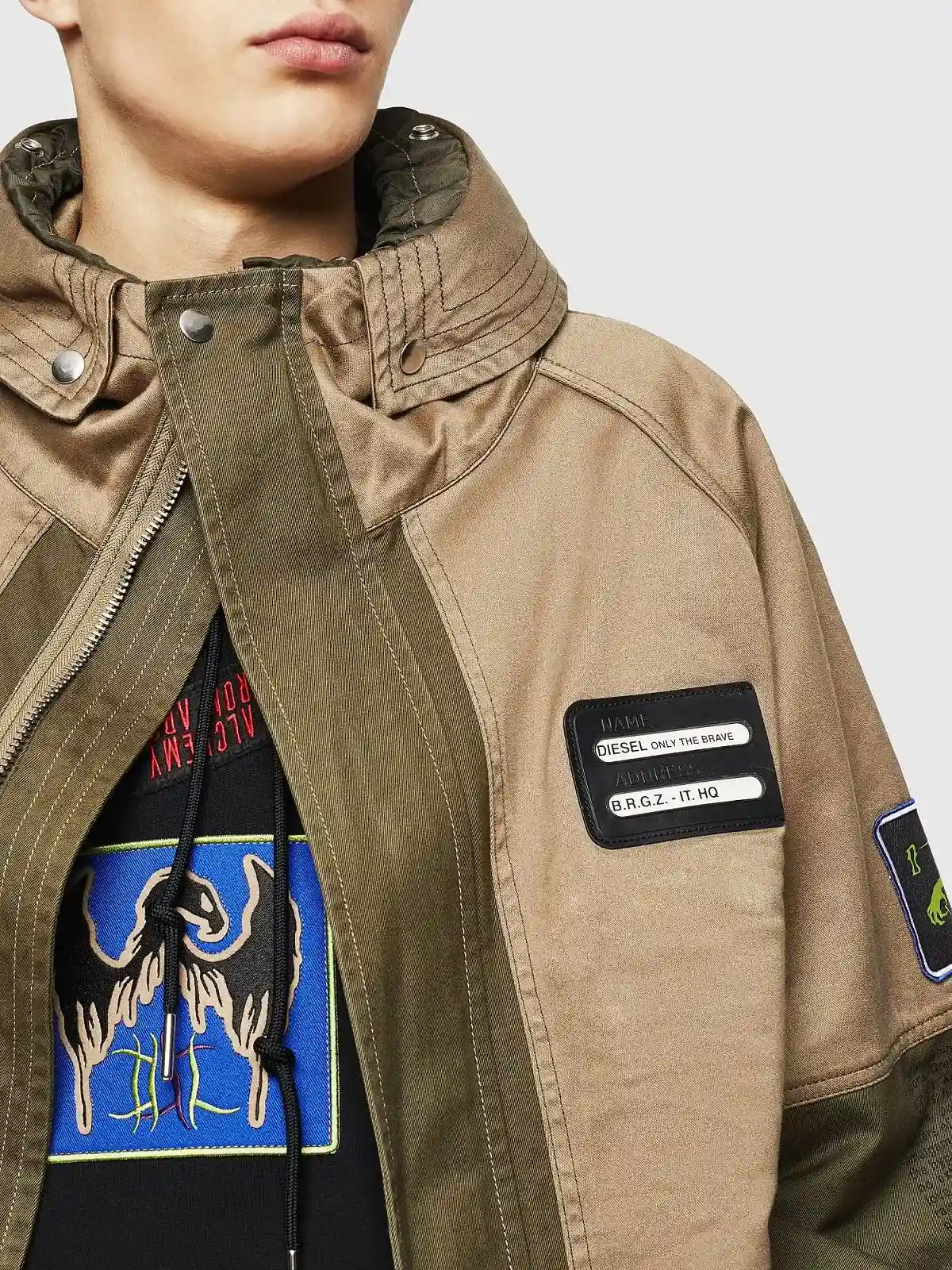 Blue Short hooded parka in mixed fabrics