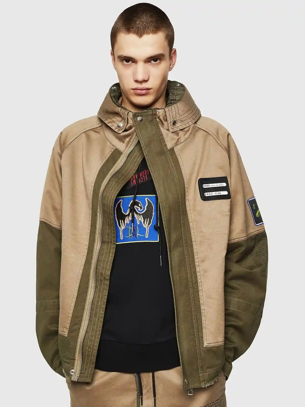Blue Short hooded parka in mixed fabrics