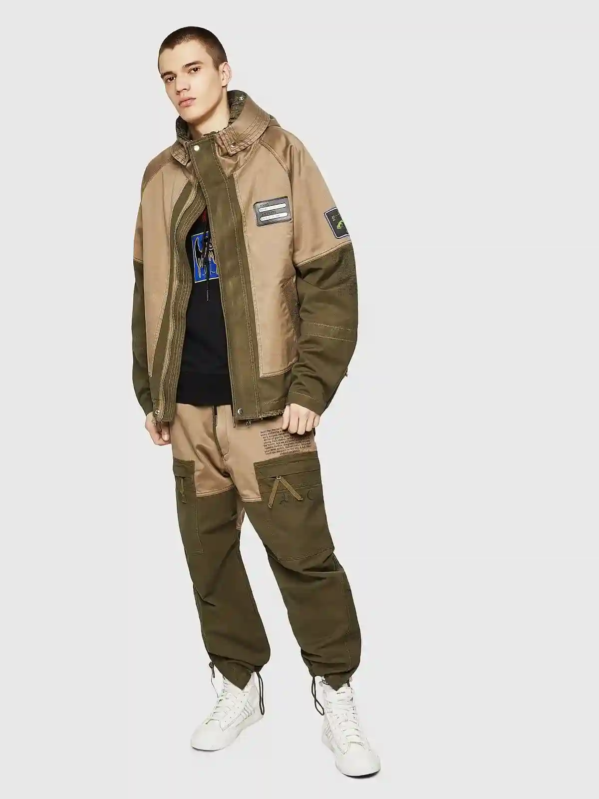 Blue Short hooded parka in mixed fabrics