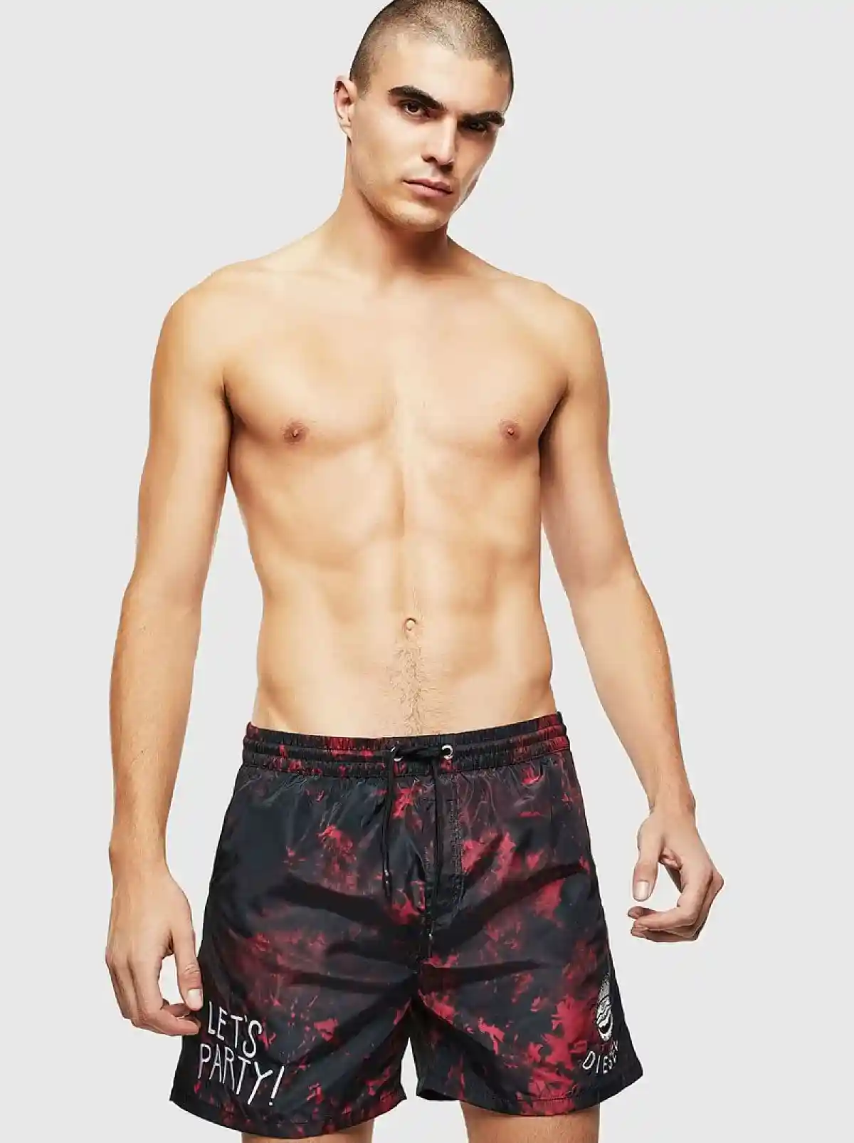 Black Lets Party tie-dye-effect swim shorts