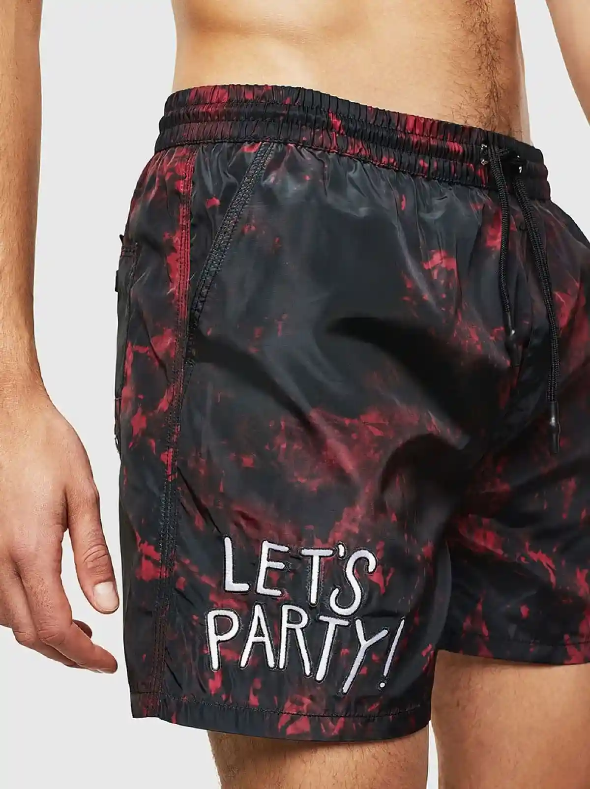 Black Lets Party tie-dye-effect swim shorts