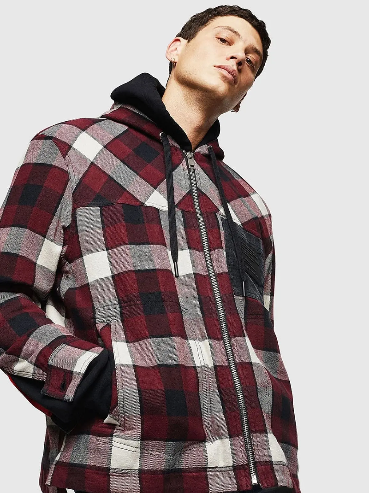 Red Hooded jacket with corduroy pocket