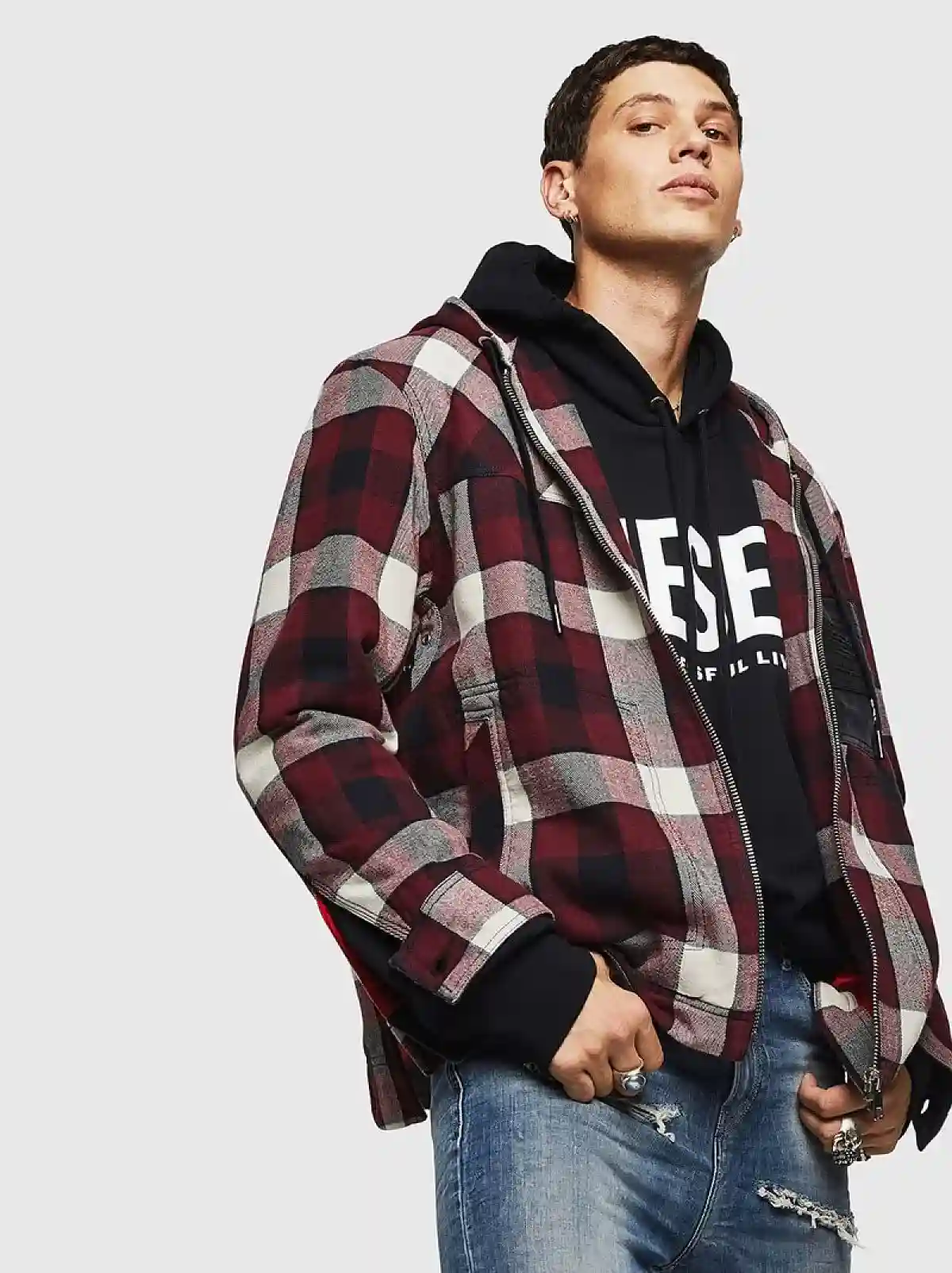 Red Hooded jacket with corduroy pocket