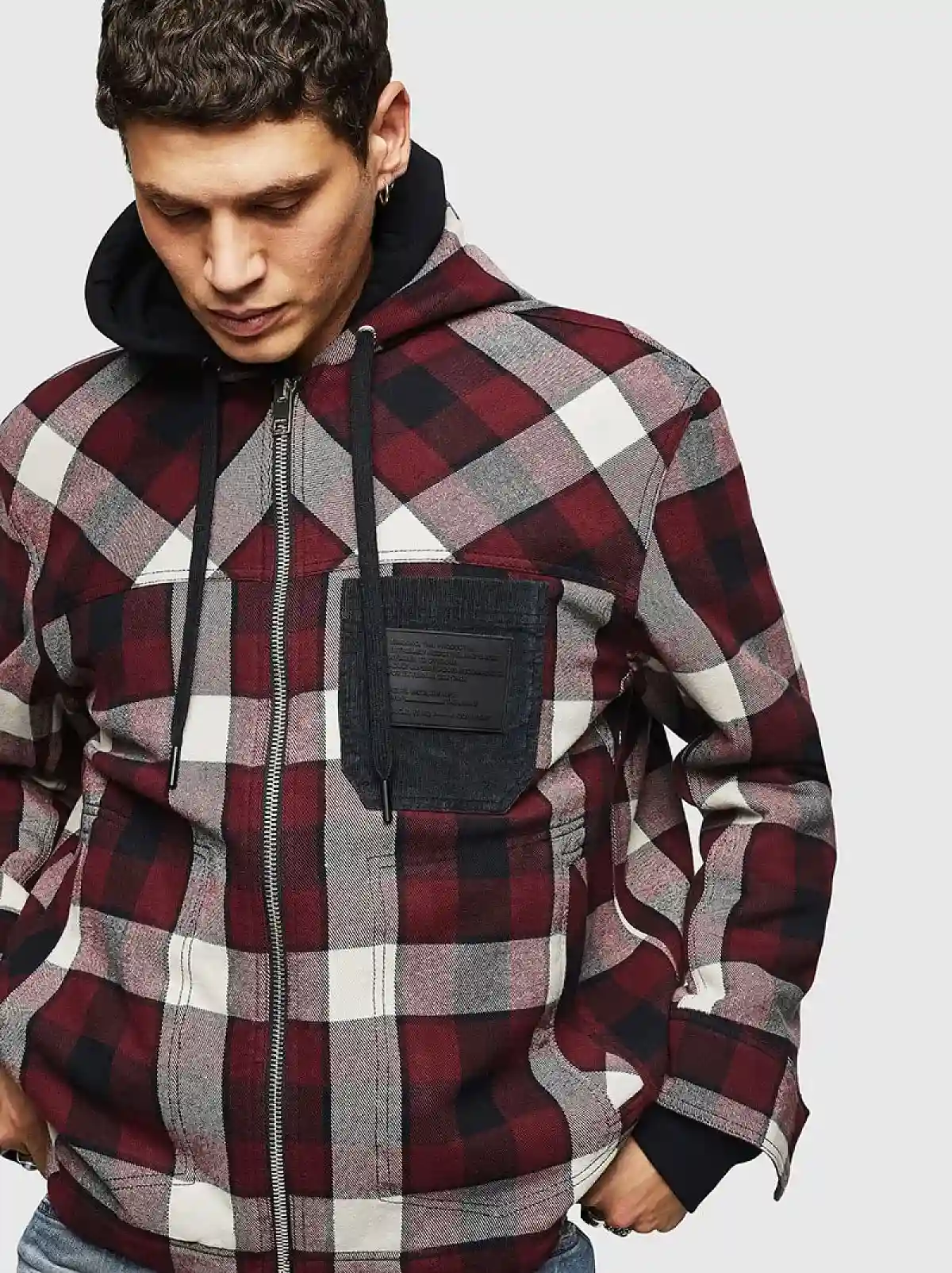 Red Hooded jacket with corduroy pocket
