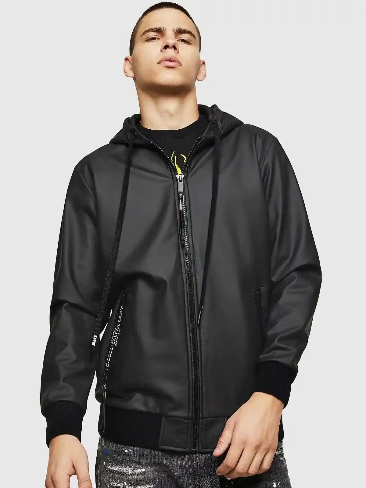 Black Hooded jacket in coated loopback cotton